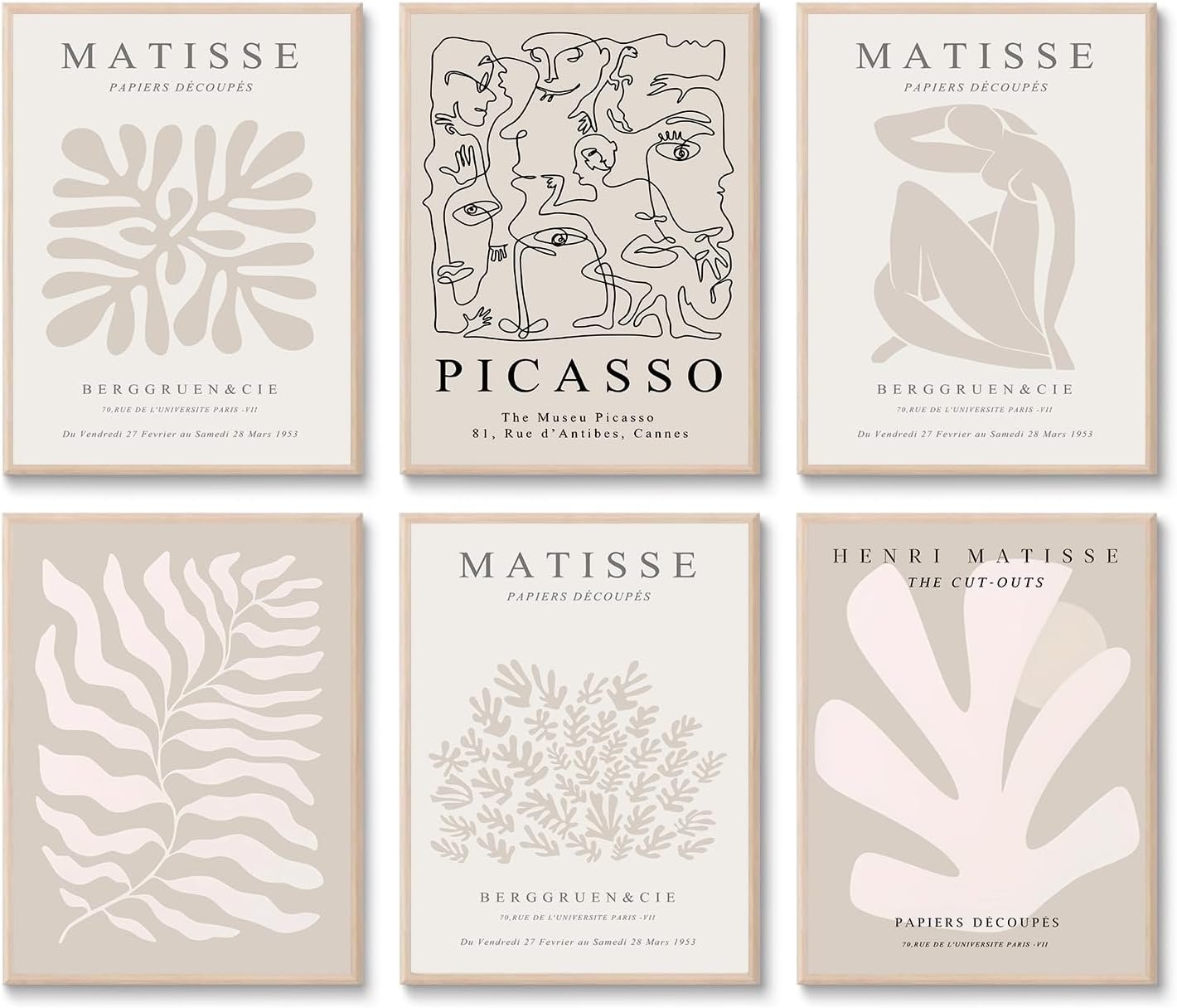 Laylwhq Laywhq Henri Matisse Wall Art, Neutral Gray Beige, Set of 6 8x10in | Abstract Flower Canvas, Picasso Line Mid Century Aesthetic, Unframed, Prints Posters for Bedroom Living Room Gallery