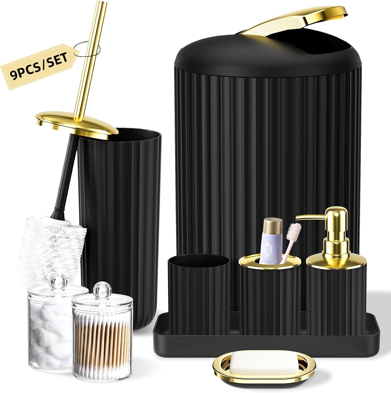 XLHOMO 9PCS Black and Gold Bathroom Accessories Set Complete with Trash Can, Vanity Tray, Soap Dispenser, Soap Dish, Toothbrush Holder, Toothbrush Cup, Toilet Brush and Qtip Holders