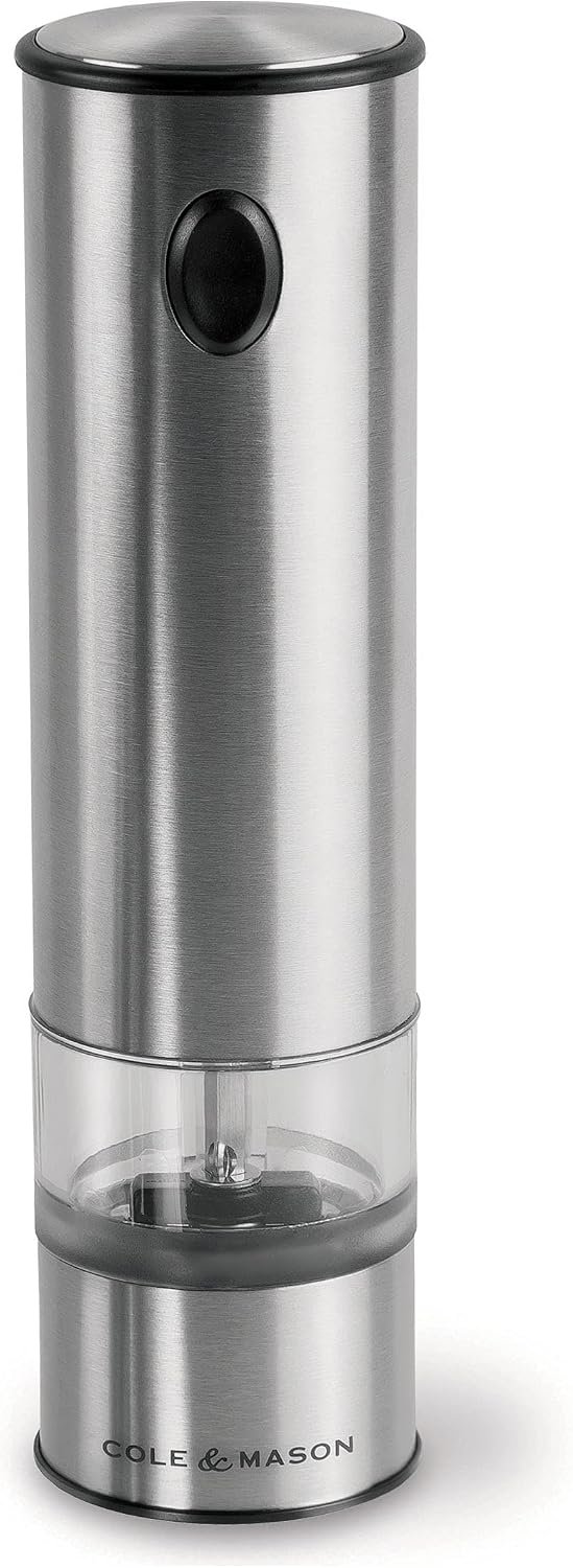Cole & Mason Battersea Electronic Salt & Pepper Mill – One-Button Salt & Pepper Grinder – Refillable & Adjustable Salt & Pepper Shakers – Kitchen Accessories – Stainless Steel – 1 Pack