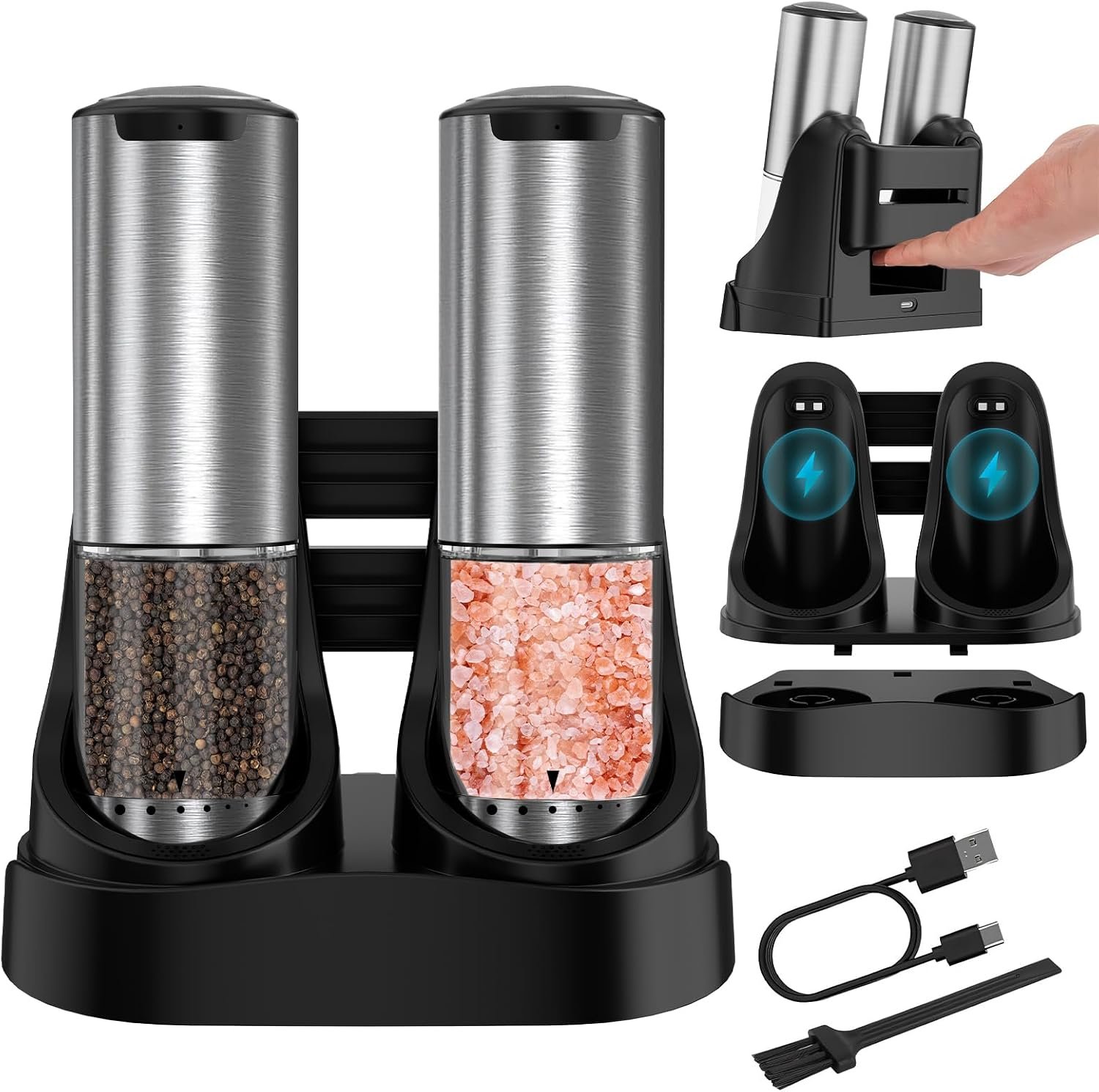 Electric Salt and Pepper Grinder Set Type-C Charging, 6 Levels, LED Light | Automatic Salt and Pepper Shaker Mills Rechargeable Large Capacity,One-handed Operation Adjustable Coarseness Stainless Steel