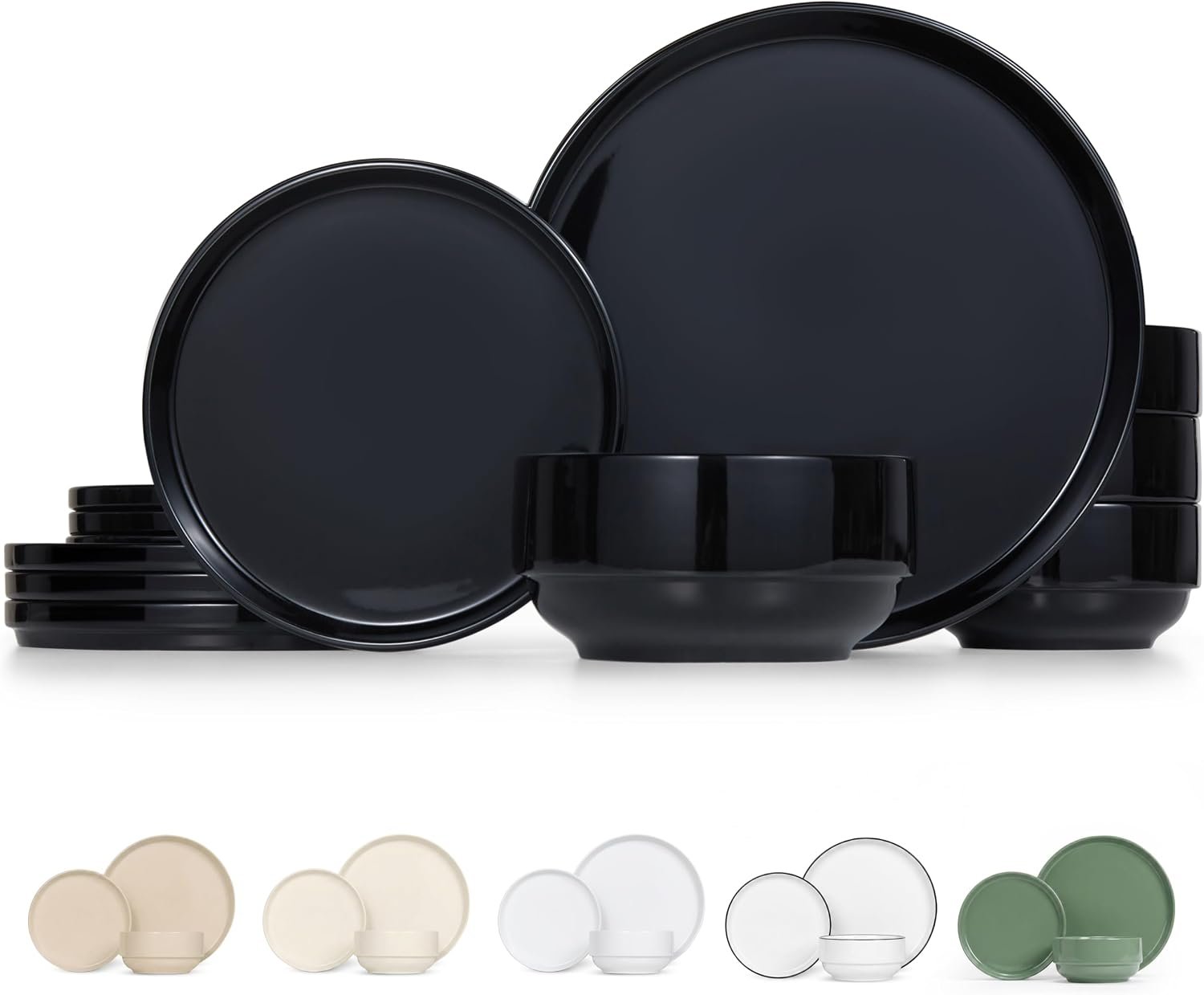 Ceramic Dinnerware Set, 12-Piece Service for 4, Soup Bowls (31.5 oz), Salad Plates (7.5″), Dinner Plates (10.5″), Round, Microwave and Dishwasher Safe, Black, Cambridge Classics