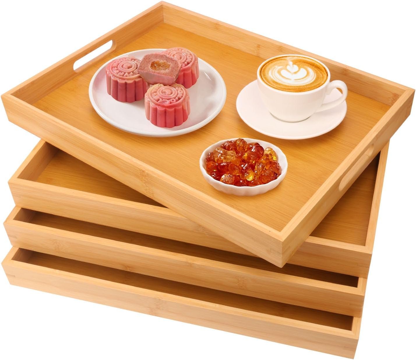 4 Pack Large Bamboo Serving Tray with Handles – 18 x 13 Inch Wooden Dinner Tray, Home Kitchen Decorative Tray, Breakfast Trays for Eating on Couch, Lap Trays, Coffee, Kitchen, Picnic