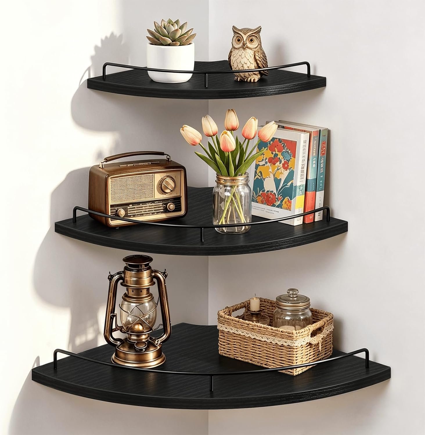 3 Tier Corner Floating Shelves, Wooden Corner Shelf Wall Mount 9/10/12 Inch with Guardrail, Rounded Hanging Corner Wall Storage Shelving for Bedroom Bathroom Kitchen Office, Black