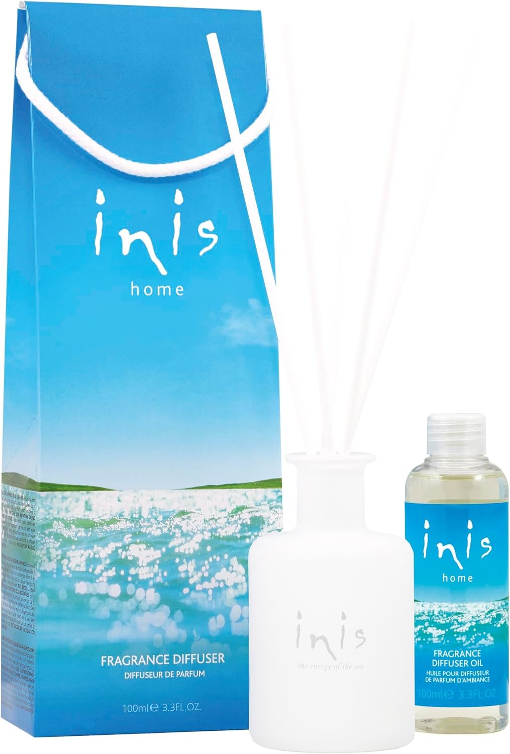 Inis the Energy of the Sea – Reed Diffuser Set with Fragrance Oil | Glass Bottle and Fibre Reeds, Clean Ocean Fresh Aquatic Home Fragrance for Living Room, Bathroom and Bedroom