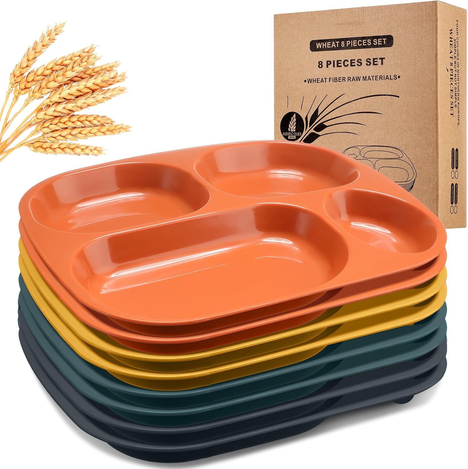 Vesici 8 Pcs 9” Unbreakable Divided Plates 4-Compartment Food Separator Dinner Trays Reusable Microwave and Dishwasher Safe Wheat Straw Plates(Yellow, Orange, Dark Green, Navy Blue)