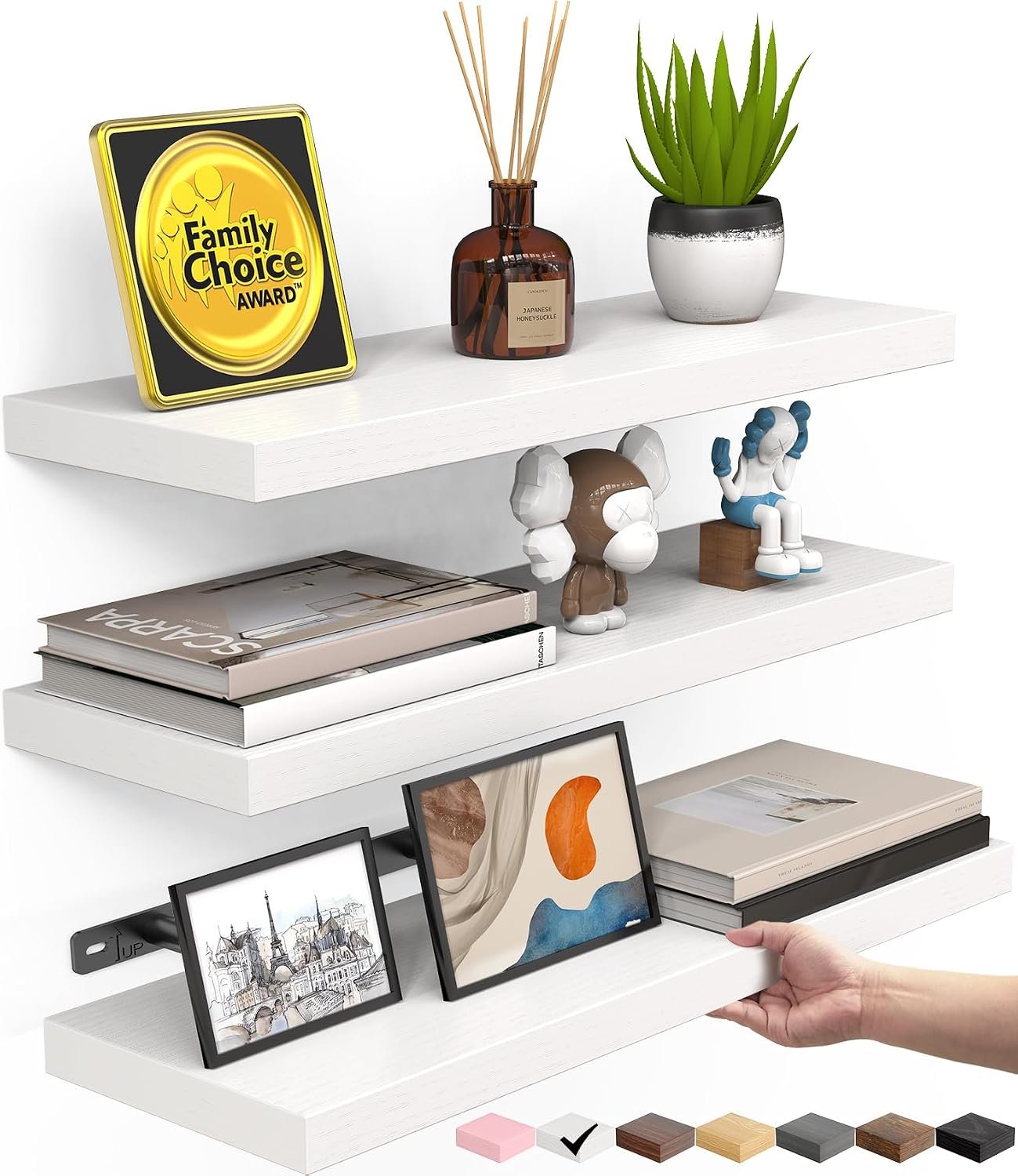 BAYKA White Floating Shelves 15.7in, Set of 3, Wall Mount Rustic Wood Shelf | 22lbs Max Load, Hidden Bracket, for Bathroom Bedroom Kitchen Display Storage Decor, Easy Install, Multi-Wall Compatible