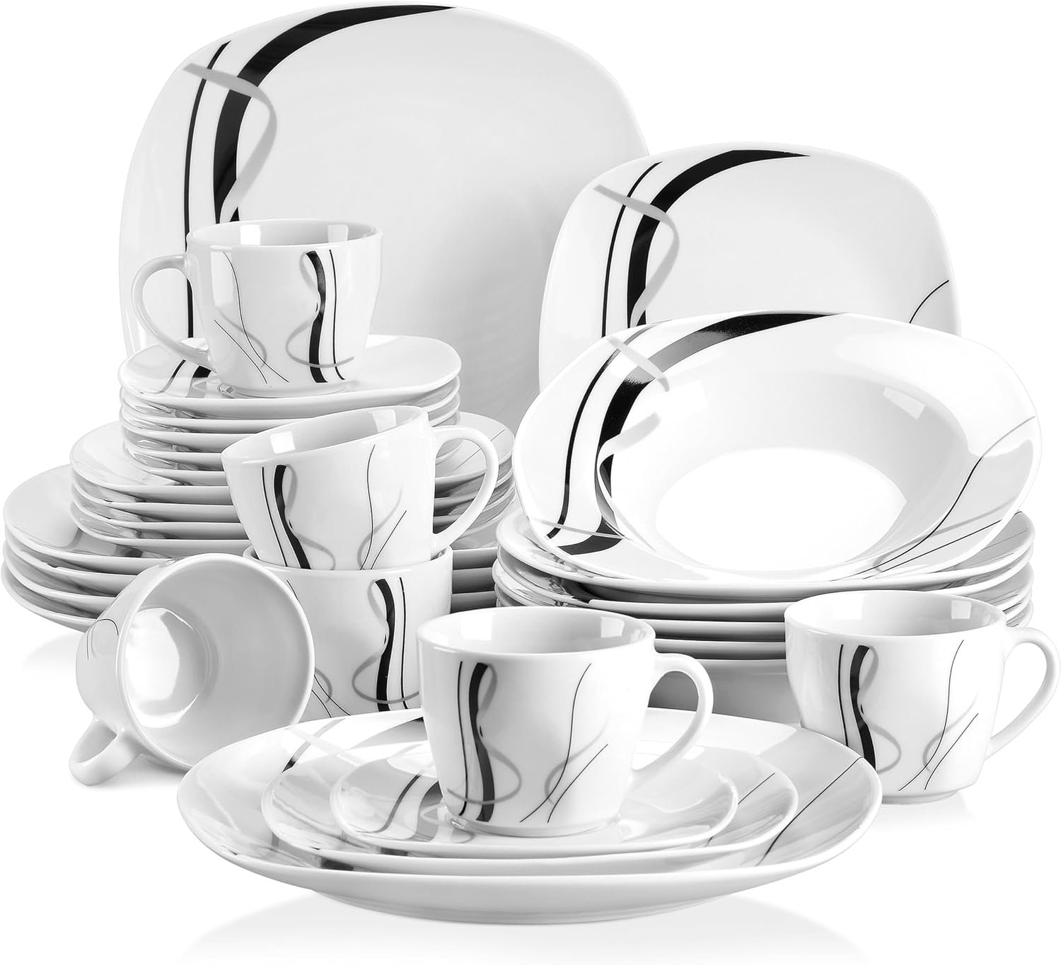 VEWEET Ceramic Dinnerware Sets for 6, White and Black Dishes Set, FIONA | Porcelain Dinner Set Including Dessert Plates, Soup Plates, Dinner Plates, Cups & Saucers, Microwave & Dishwasher Safe