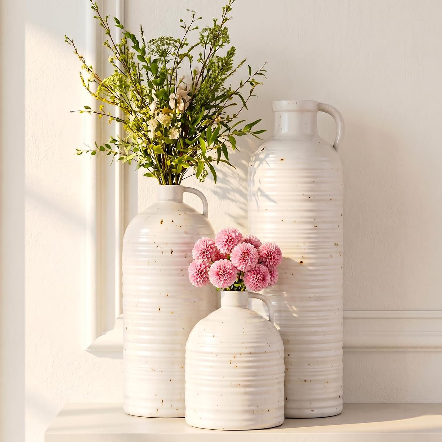 Firehold Ceramic Vase Set of 3, Rustic Farmhouse Boho Vases, Textured Country Home Decor, Small Decorative Vases for Shelves Mantel Table, Gift Set for Dried Pampas Grass & Fresh Flowers (White)