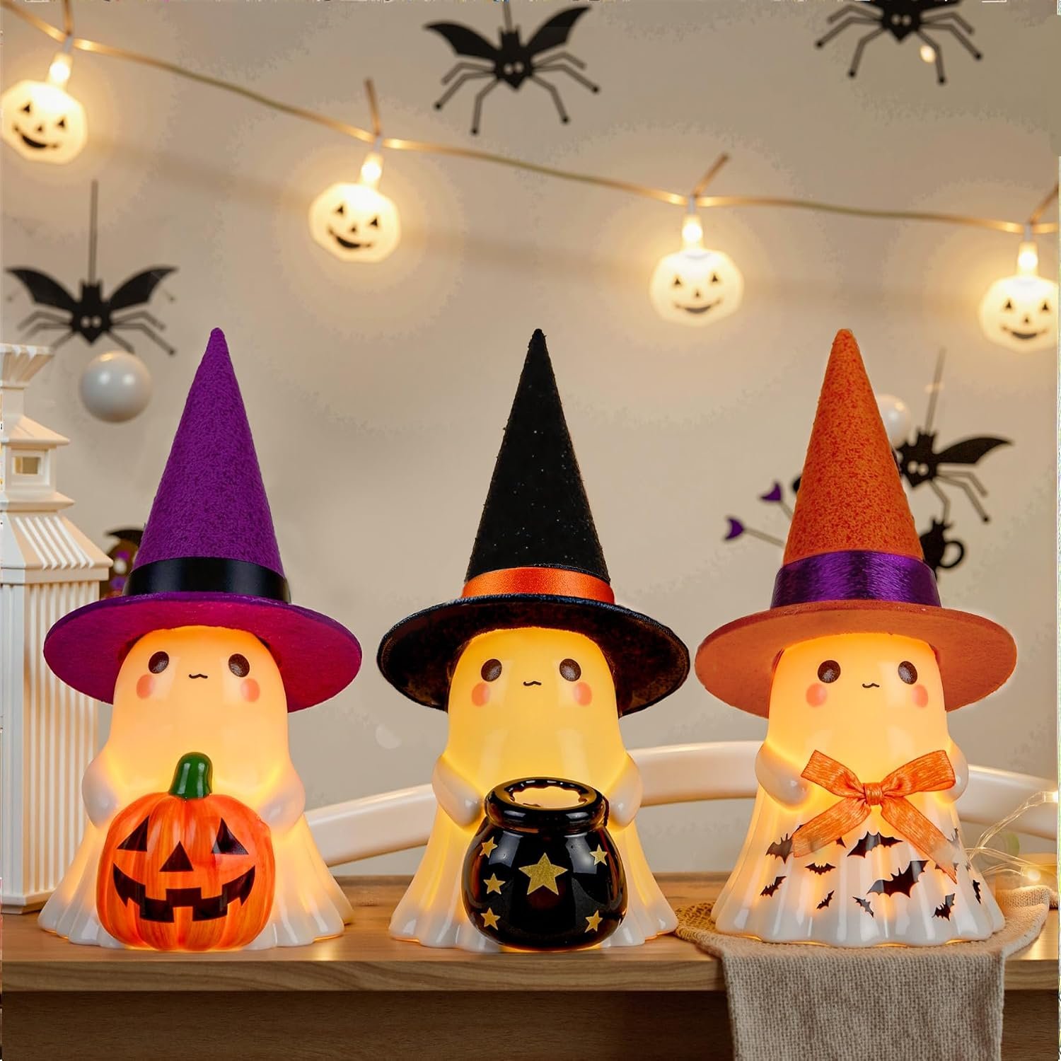 Halloween Decorations Indoor,3Pcs Cute Spooky Ceramic Ghost Halloween Decorations,Ghost Figurines with Hats – Adorable Tabletop Decor for Mantel,Party, Home, Porch Decor