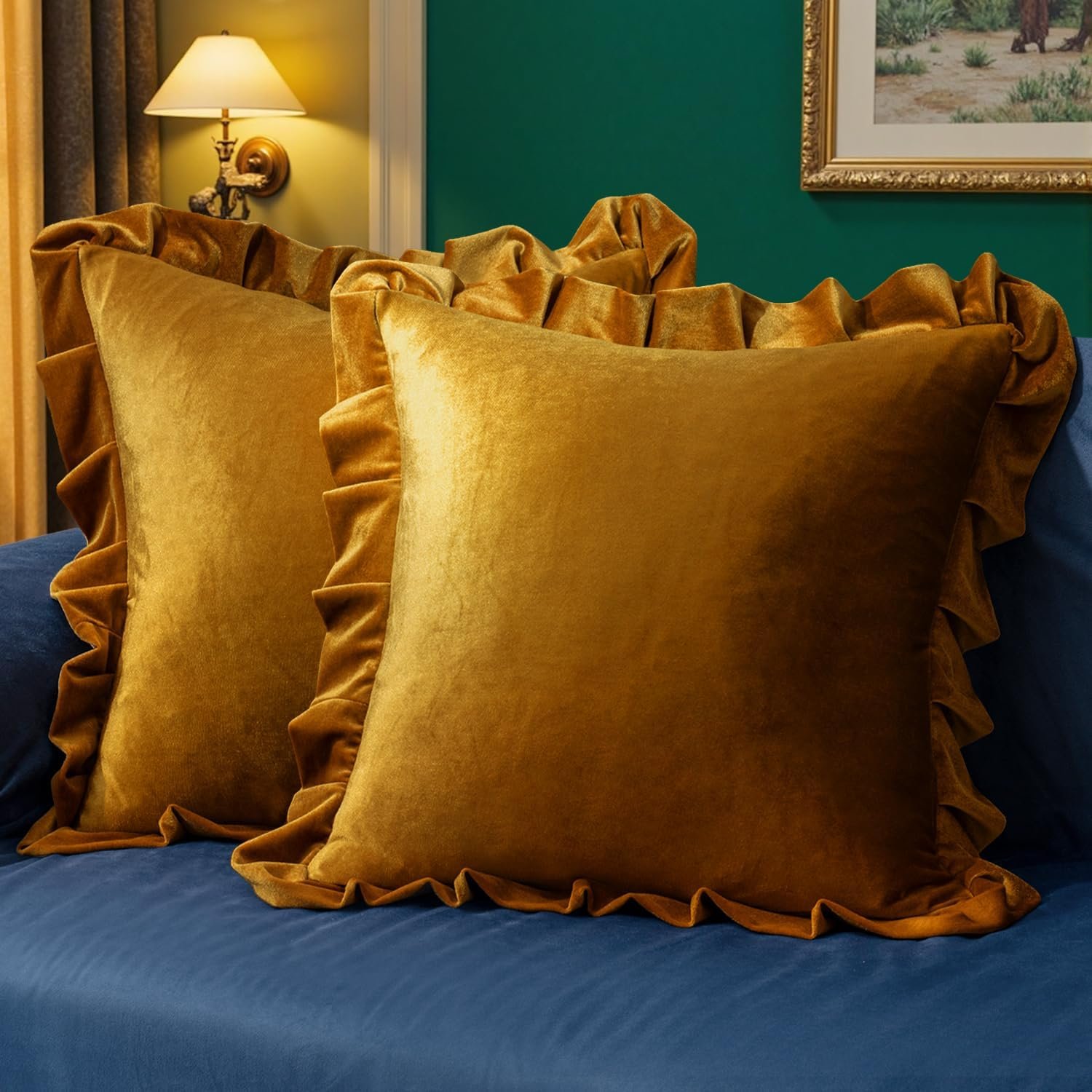 MIULEE Velvet Ruffle Throw Pillow Covers 18×18 Inch Golden Mustardy | Pack of 2 Soft Luxurious Fall Cushions, Vintage Gothic Decorative Ruffled Pillows, Home Decor for Sofa Couch Bedroom Chair