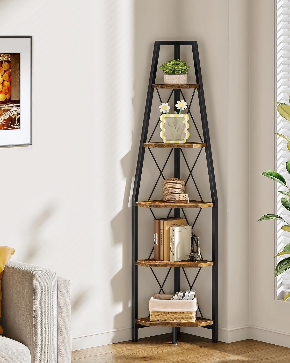 5-Tier Corner Shelf, Corner Bookshelf, Ladder Shelf, Floor Standing Storage Rack, Open Display Stand, Plant Stand, for Living Room, Bedroom, Study, Bathroom, Rustic Brown and Black TCJ22BF