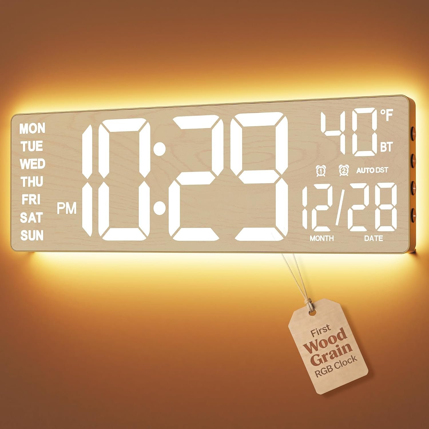 EASYERA 16.5″ Large Digital Wall Clock BT Sync, 11 Scenes Mode Beige Clock | Remote Control, Big LED Clock with Dual Alarms, Auto DST, Temperature for Classroom Gaming