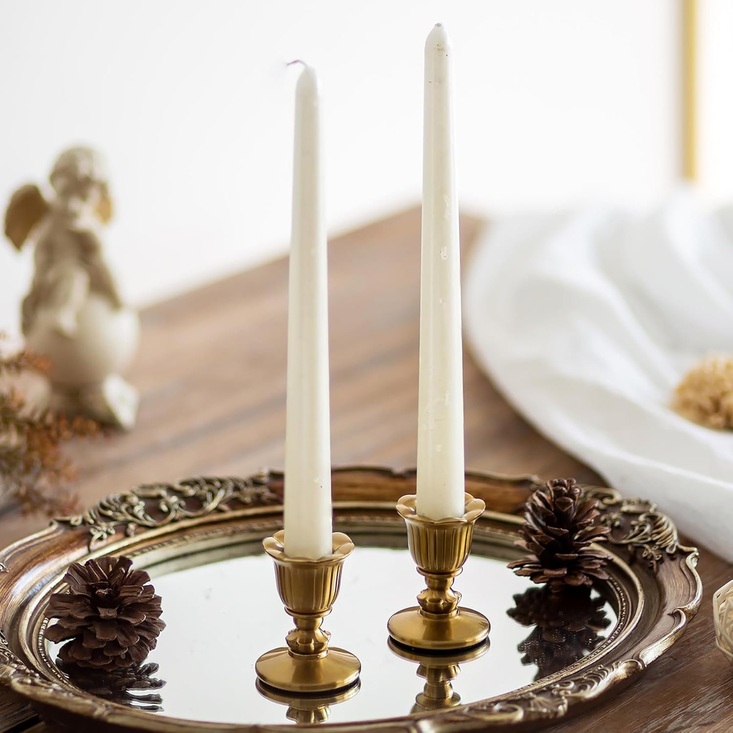 Romadedi Gold Candlestick Candle Holders, Brass Color, Pack of 2 | Vintage Decor for Wedding Table Centerpiece, Victorian Style, Christmas Mantel Decoration, for Standard Taper