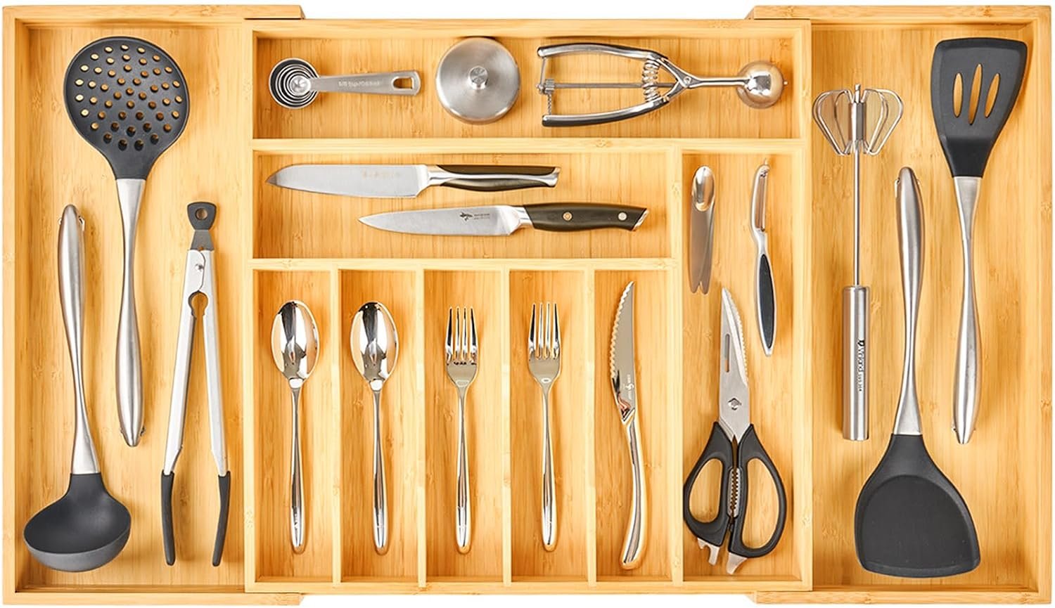 Extra Large Expandable Kitchen Siverware Utensils Drawer Organizer, 19″ Deep for Big Drawer, Adjustable Bamboo Wood Drawer Divider with Curved Grooves, Cutlery Tray Flatware Holder