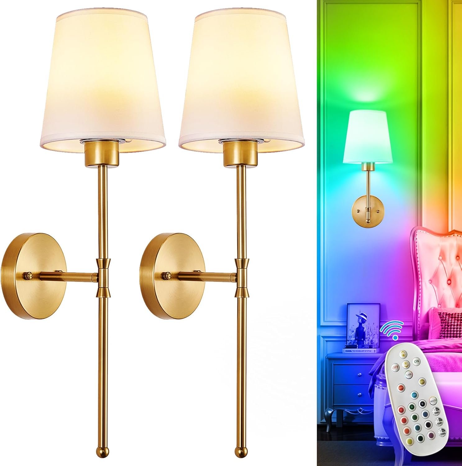 Depuley Battery Operated Wall Sconce: Set of 2 Wireless Wall Lights with 10000mAh Dimmable Bulbs and Remote for Bedroom – Rechargeable 15 Colors Gold Wall Lamp for Living Room Hallway