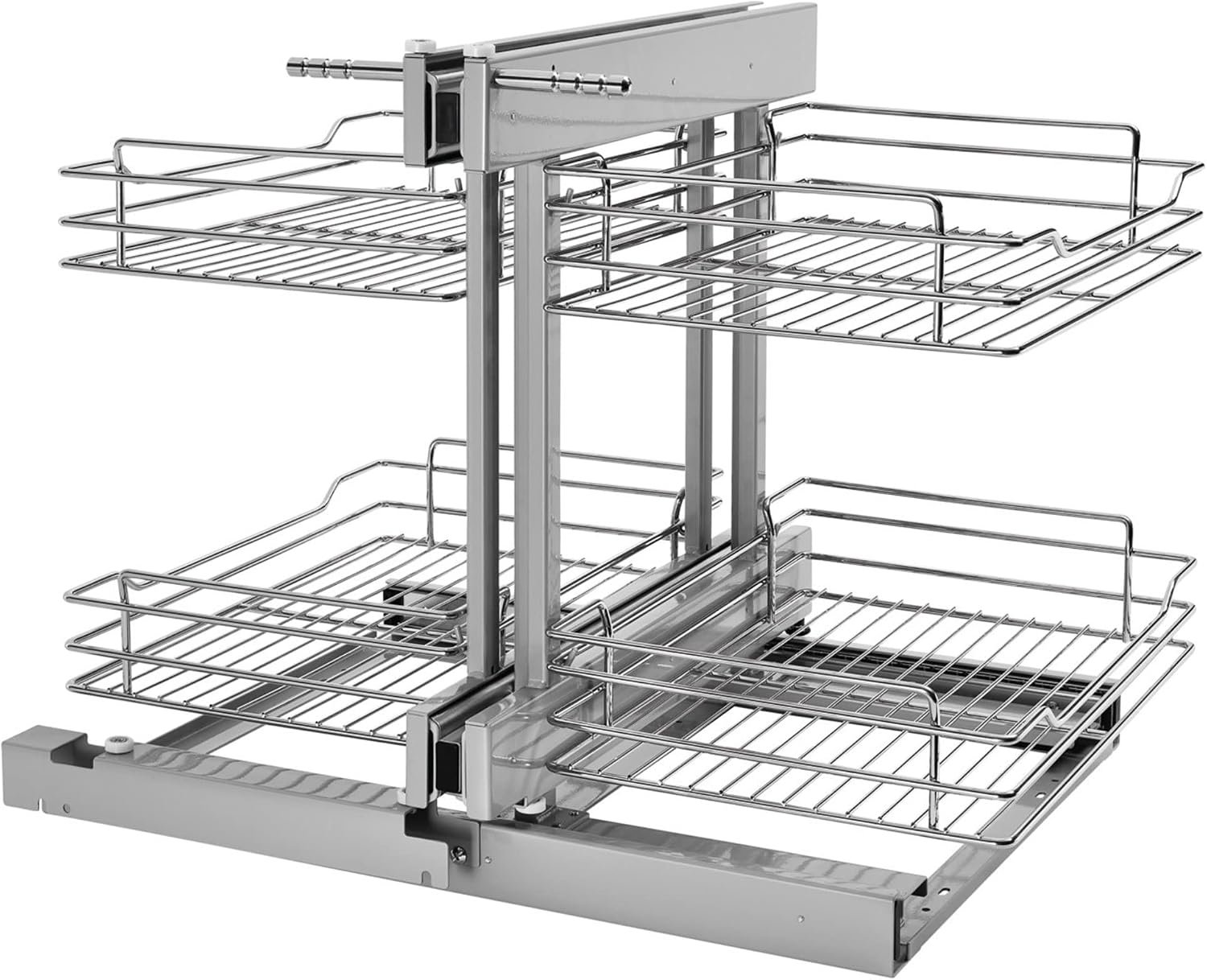Rev-A-Shelf Chrome Two-Tier Wire Bottom Pullout Organizer with Soft-Close for Blind Corner Base Kitchen Cabinets, Adjustable 4-Basket Storage System, Min Opening Width of 15″, 5PSP-15SC-CR