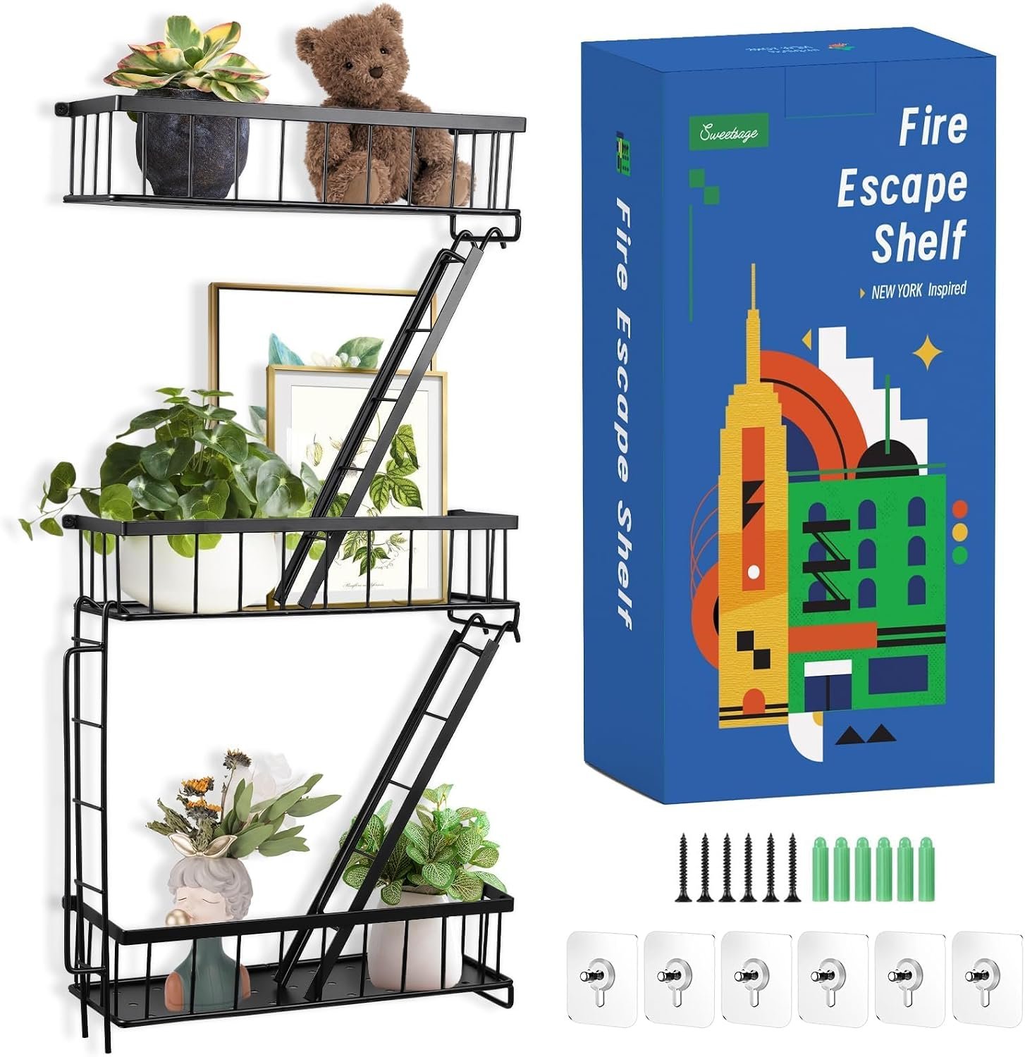 Fire Escape Wall Shelf – New York Decorative Ladder Shelf, Wall Art Floating Shelf Black Metal Shelves for Bedroom, Home Office Storage and Display (3-Tier)