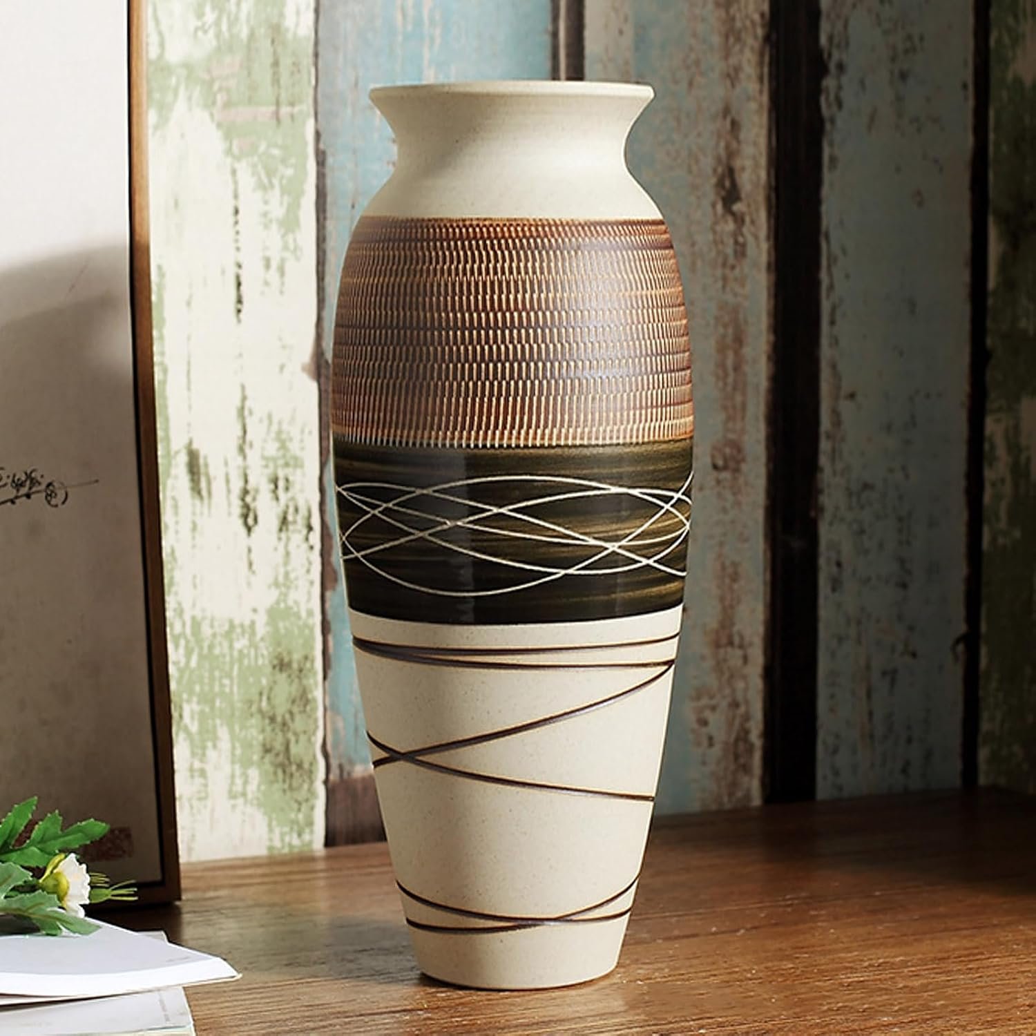 12.6″ Tall Vintage Ceramic Rustic Farmhouse Vase (Half Skipcut Brown) | Large Boho Textured Flower Vases for Home Decor, Living Room, Table, Mantel, Shelf
