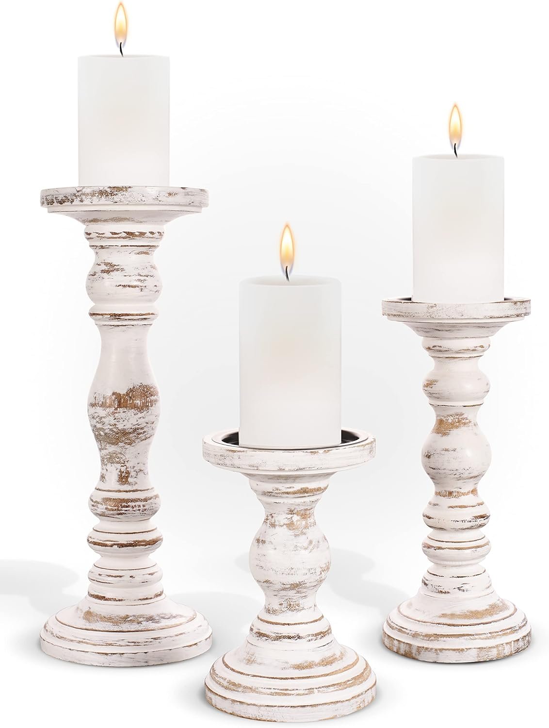 Large Candle Holders for Pillar Candles – Rustic Farmhouse Style Home Decor – Perfect for Table Centerpieces, Coffee Table or Fireplace Mantel – 3 Piece Set – White