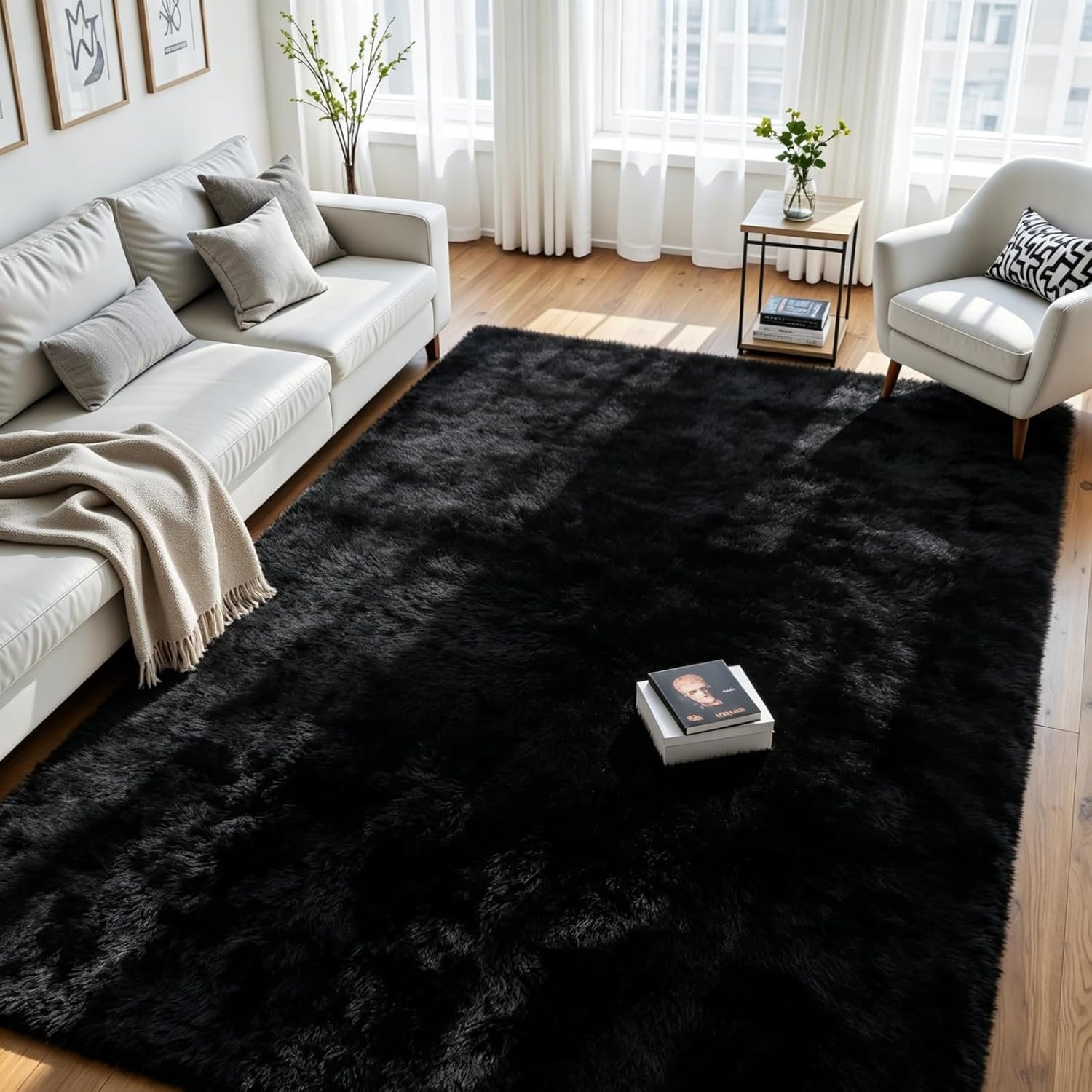 8×10 Fluffy Area Rug for Living Room: Soft Non-Slip Black Bedroom Carpet | Ultra Soft 1.7″ Thick Memory Foam, Non-Shedding, Anti-Static Fuzzy Carpet, Pet Friendly Decor for Kids Room, Nursery & Dorm
