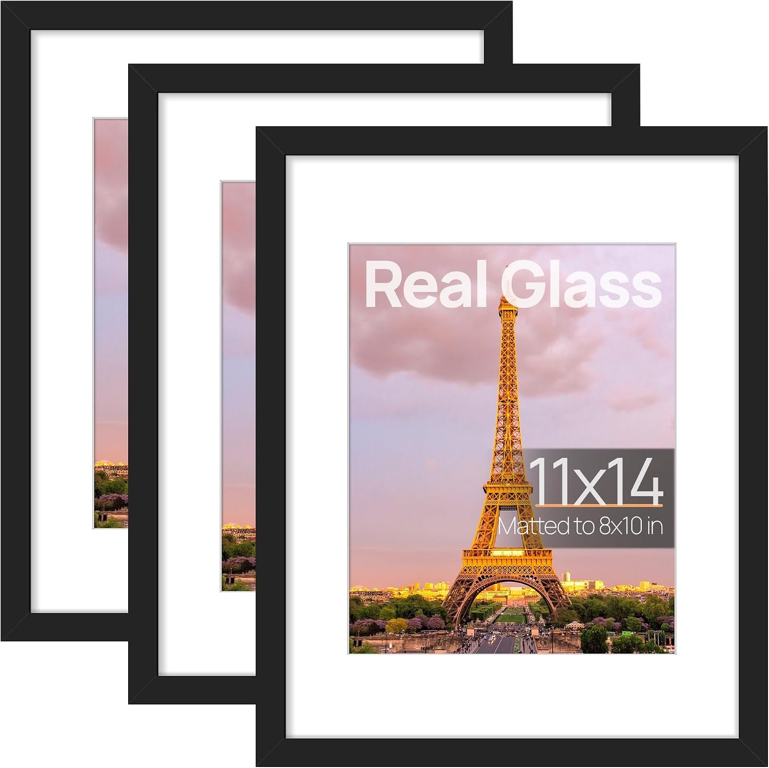 upsimples 11×14 Picture Frame, Gallery Glass Photo Frames Set of 3, Black | Fit 8×10 with Mat and 11 x 14 Photos, Gift for Christmas, Wall Decor and Table Display for Living Room, Hallway, Gallery