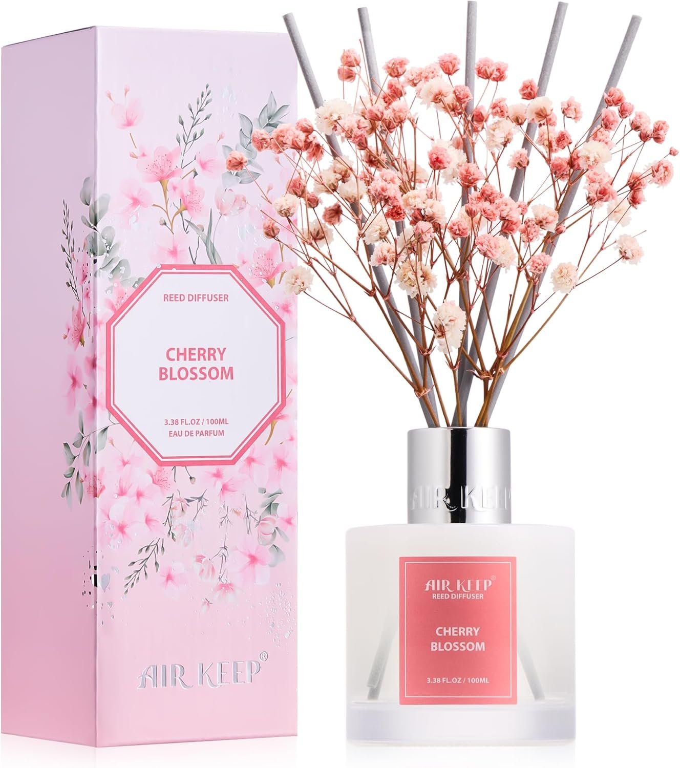 Reed Diffuser Set, 3.38 fl oz (100 ml) – Cherry Blossom Oil Diffusers with 8 Reed Sticks, Home Fragrance Reed Diffuser for Bathroom Shelf Decor