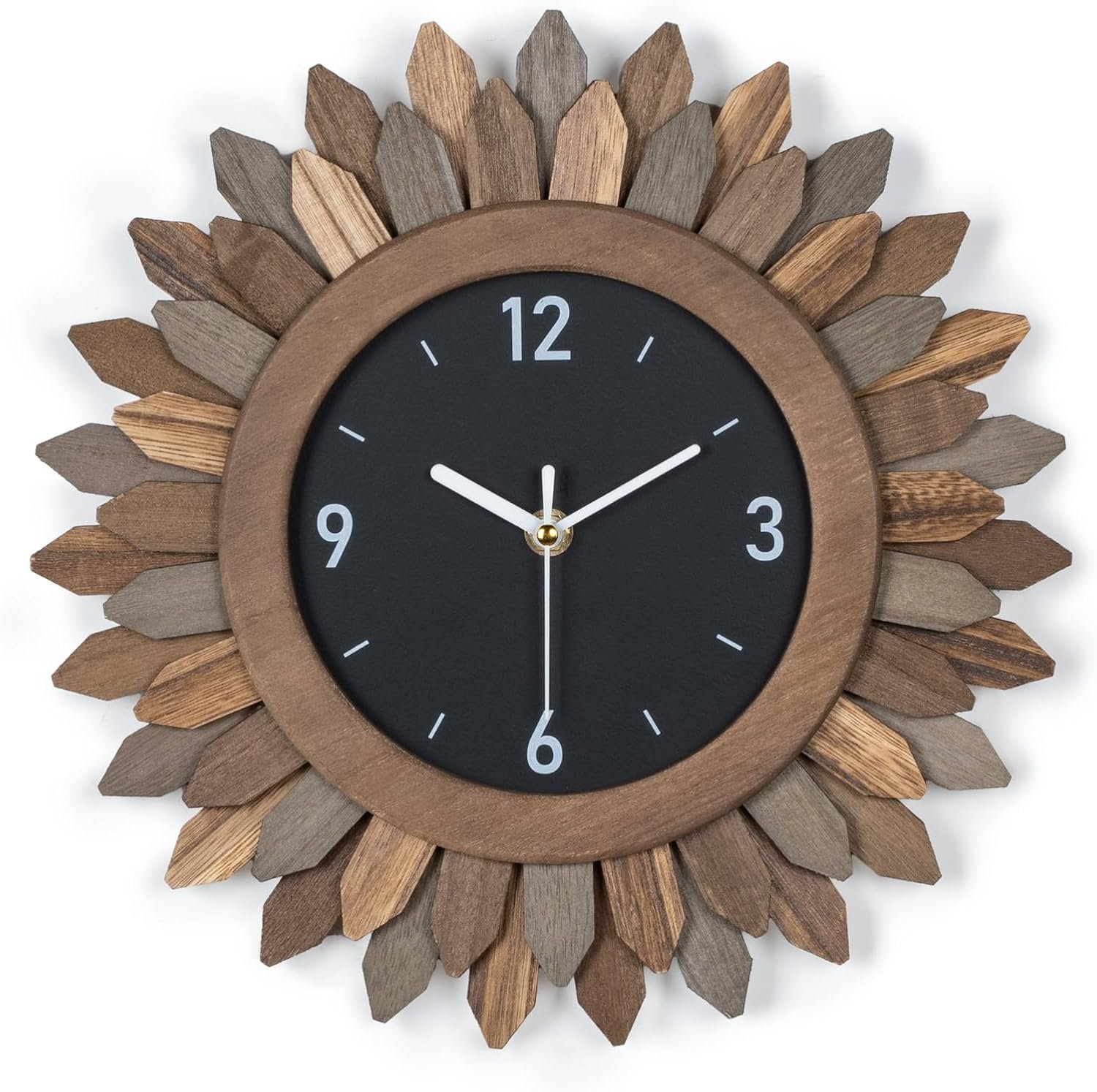 Wall Clock Battery Operated 12 in Rustic Wood Boho Sunburst Decorative Wall Clock Silent Non Ticking Farmhouse Small Wall Clocks for Living Room Kitchen Bathroom Bedroom Decor (Tricolor)