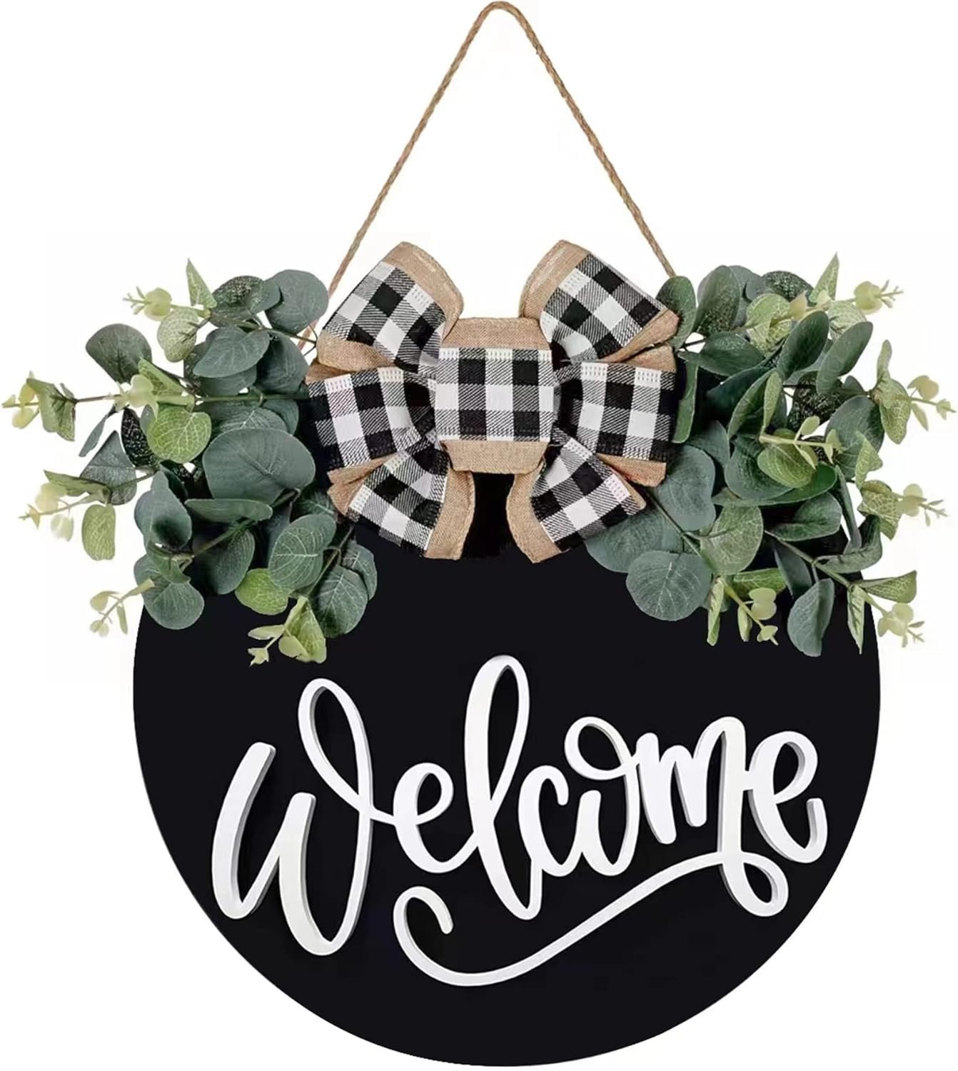 Welcome Sign for Front Door Porch Decor Farmhouse Wreath Wall Decor | Φ30cm Round Wooden Hanging Housewarming Home Decor for Home Outdoor Indoor (Black)