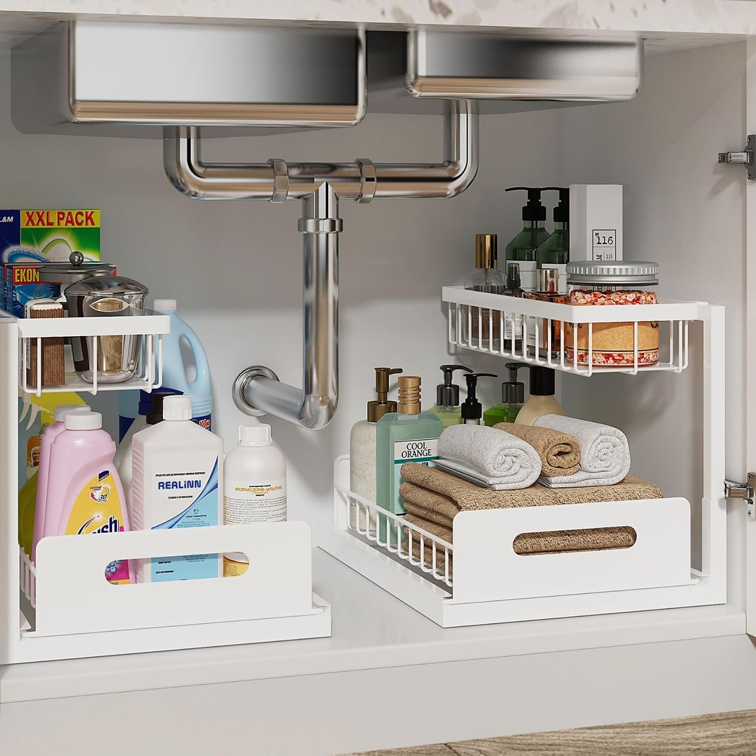Under Sink Organizer, L-Shaped 2 Tier Pull Out Cabinet Organizer | Slide Out Under Cabinet Storage, For Kitchen and Bathroom, Metal Under Sink Storage with Sliding Drawer, 50 lbs, White 2 Pack