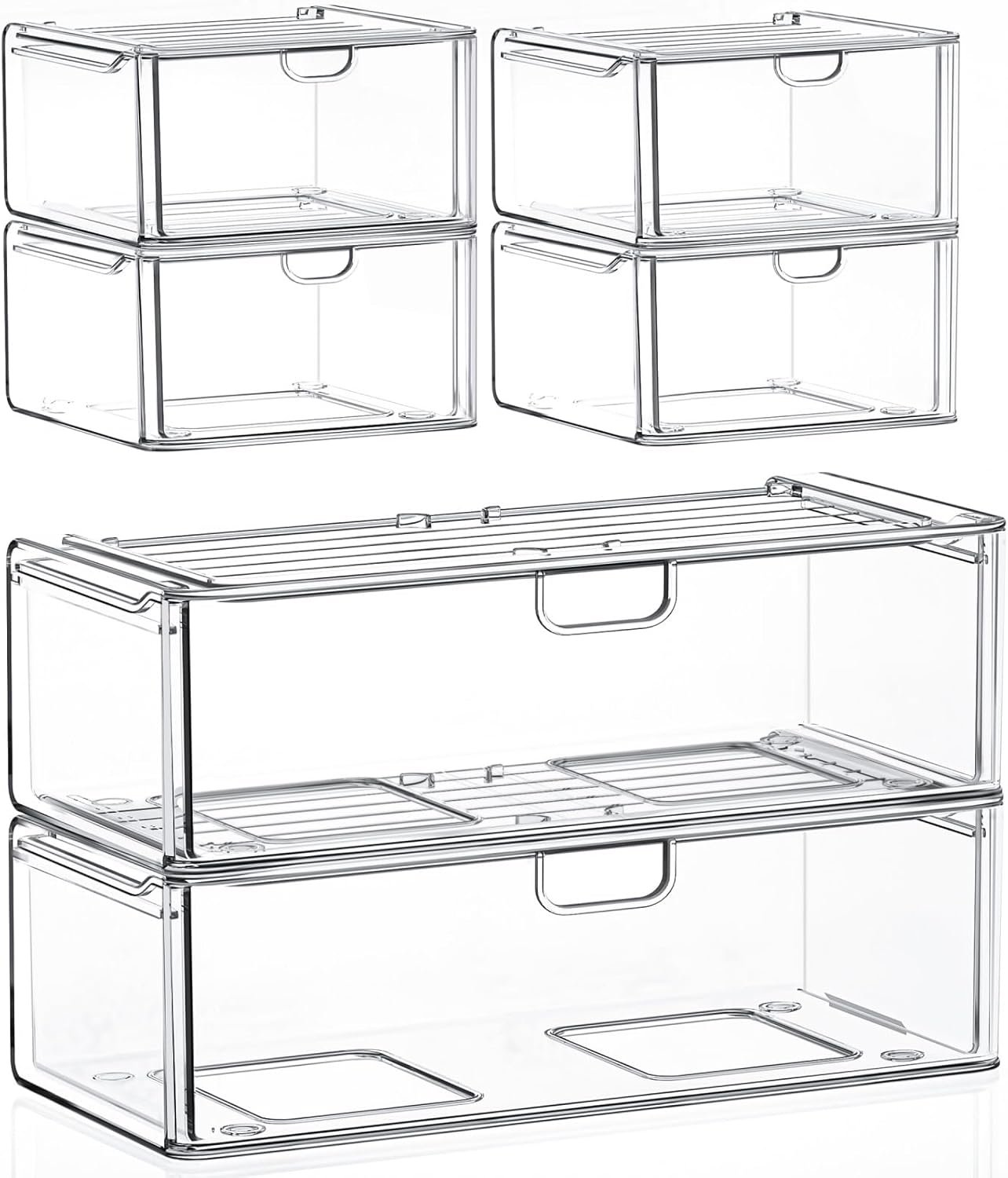6-Pack Acrylic Stackable Storage Drawers for Vanity, Desk, Bath | 2 large & wide 13″ drawers, Smooth-glide, stackable, clear body, dustproof, wipe clean, for makeup, pantry jars, under sink