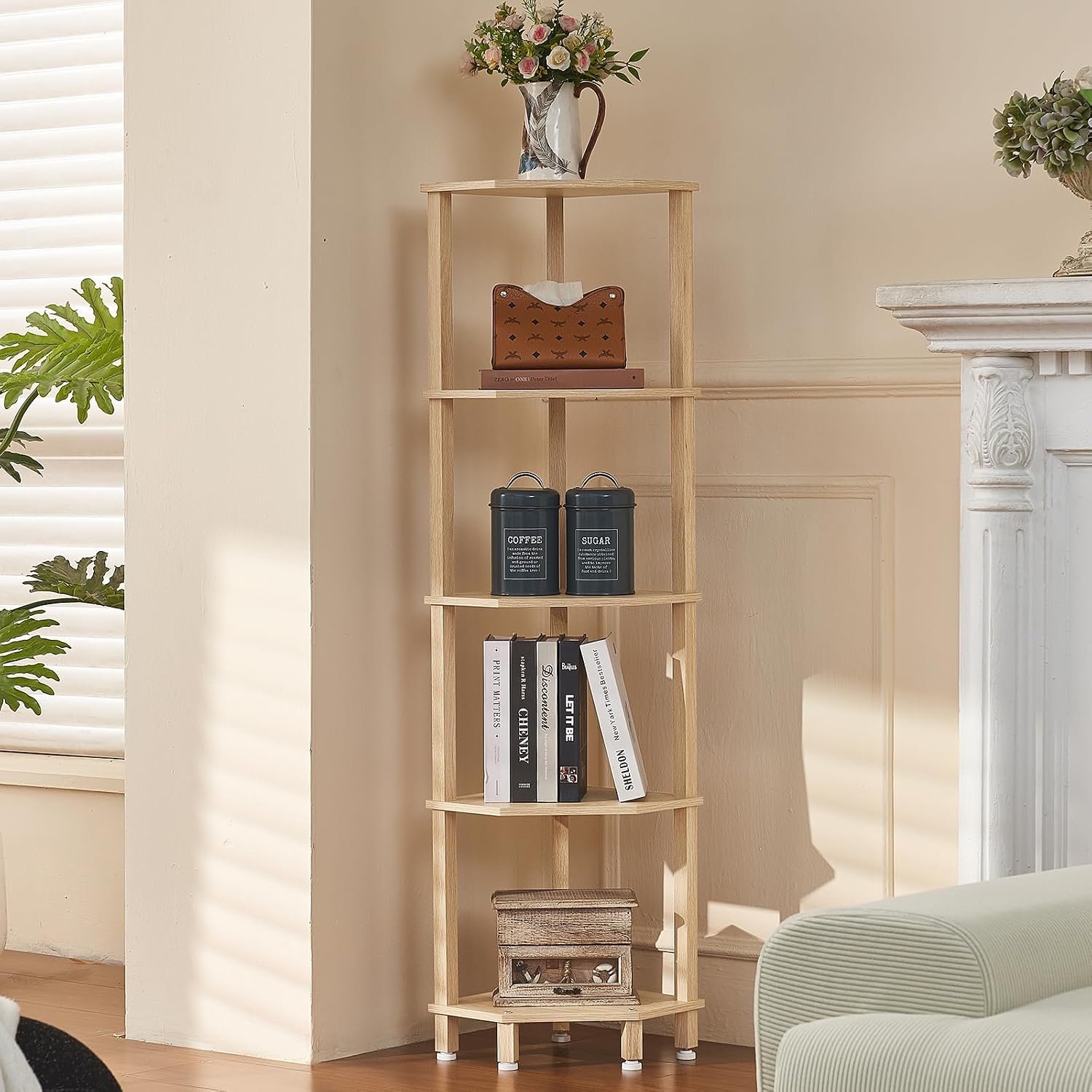 YUFAM 5-Tier Corner Shelf, Natural | Wooden Corner Bookshelf for Small Spaces, Corner Standing Shelf with Sturdy 5-Leg Base for Bathroom