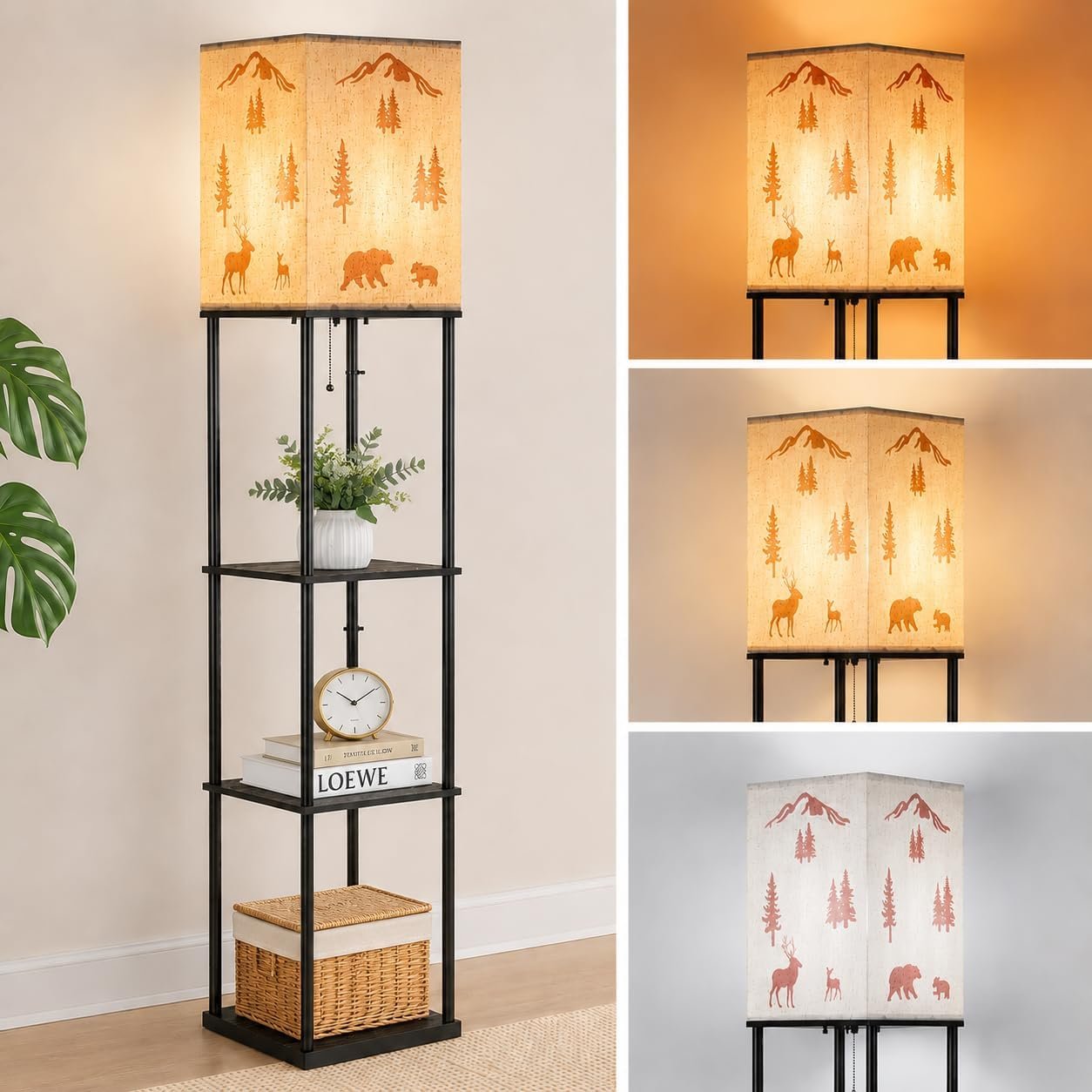 Rustic Floor Lamp with Deer Bear,Black 3-Tier Square Bookshelf | Tall Standing Lamp, Corner Floor Lamps with Shelves for Living Room, Bedroom, Corner, bedrooms, offices, dorm