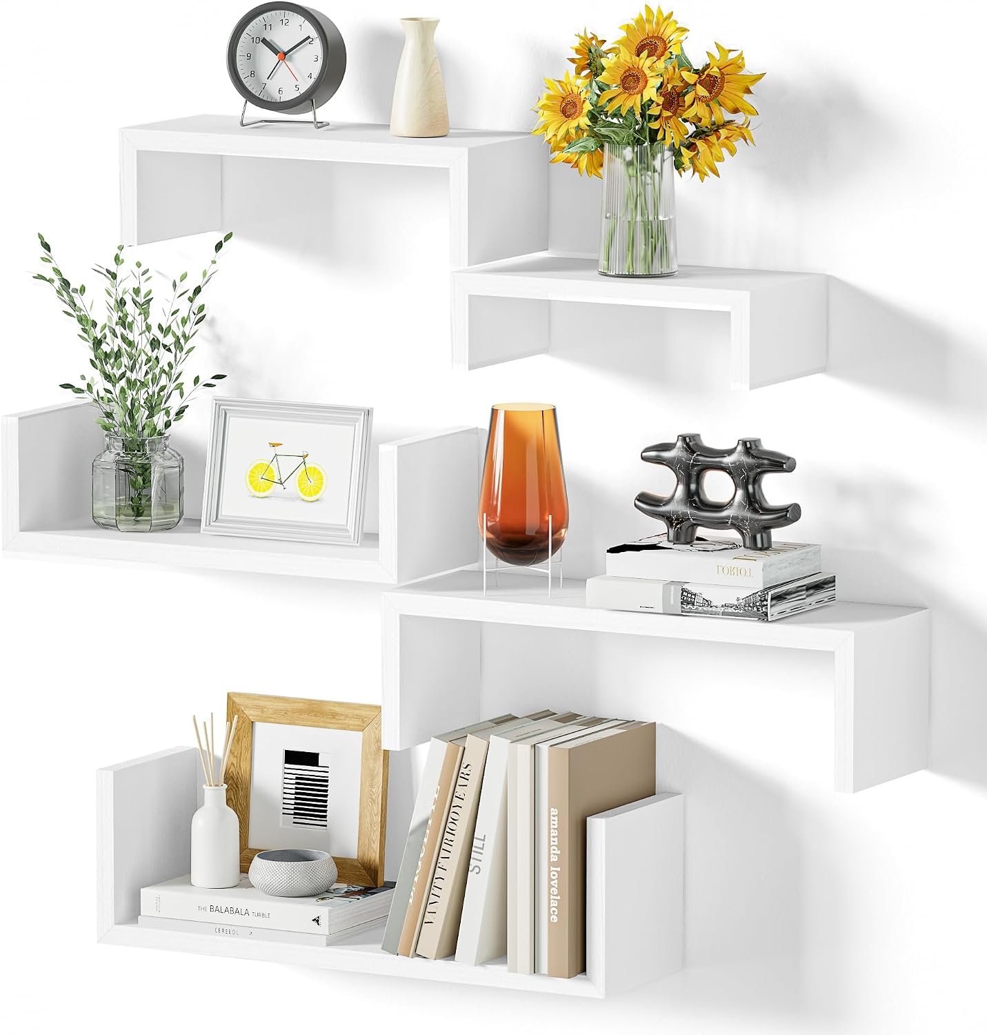SRIWATANA White Floating Shelves, Set of 5 Solid Wood Wall Mounted Shelves | Sturdy Rustic Wall Organizers in 5-Piece Set; Space-Saving Wood Shelves to Create Custom Gallery Displays for Decor & Storage