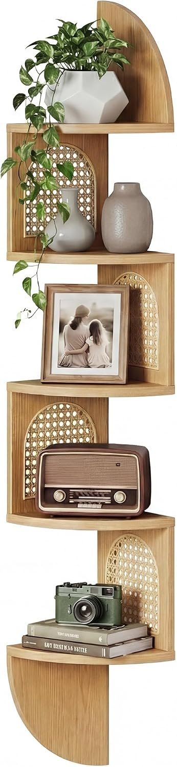 5-Tier Floating Corner Shelves for Wall, Zigzag Corner Shelf Unit, PVC Rattan Sides, Space-Saving, for Kitchen, Living Room, Bedroom, Boho Style, Oak Beige