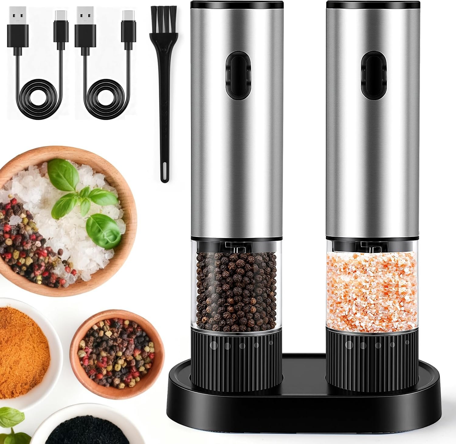 2 Pack Electric Salt and Pepper Grinder Set, Salt and Pepper Shakers with LED Light, USB C Dual Charging Base, Adjustable Coarseness, One-Hand Operation, Large Capacity for Kitchen, Dining & BBQ