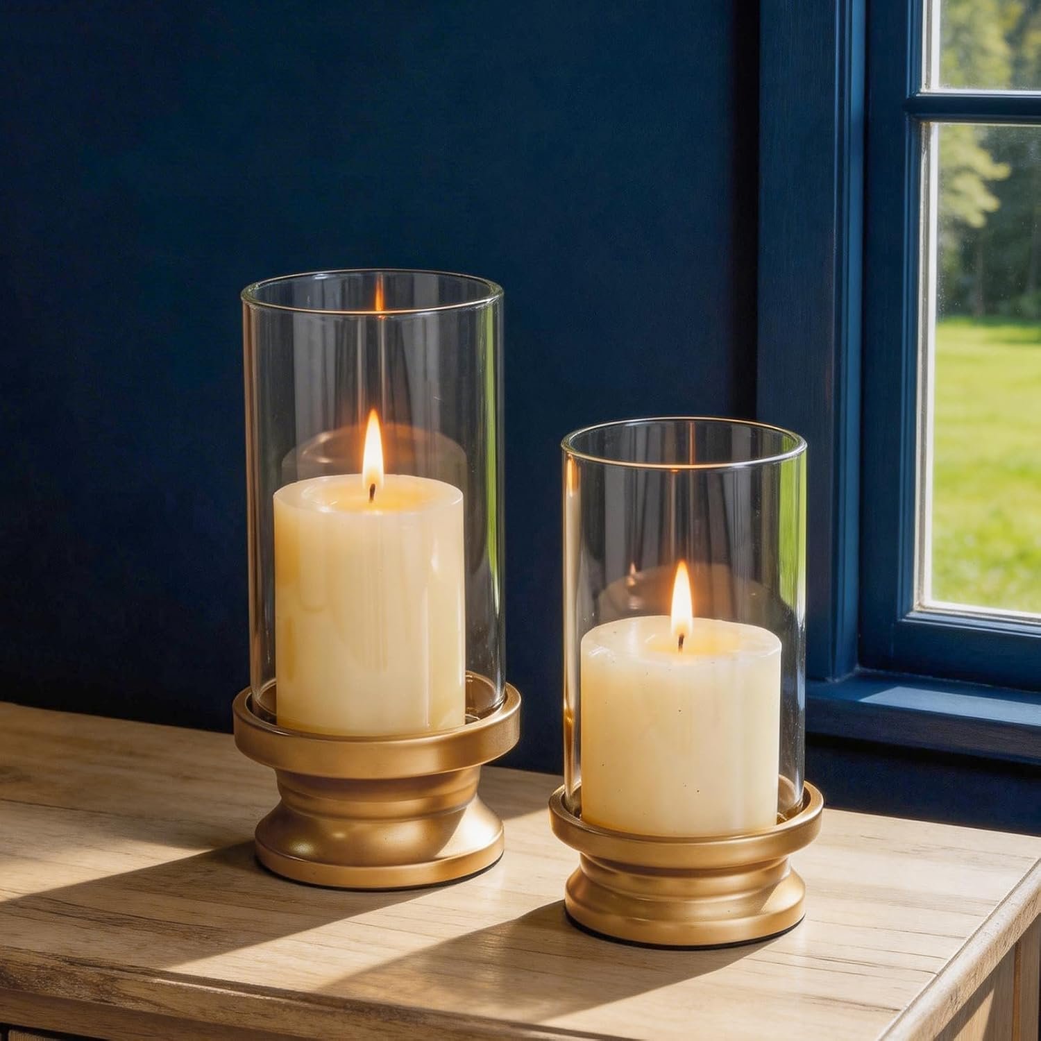 NUPTIO Hurricane Glass Candle Holders for Pillar – Matte Gold – Set of 2 | Iron Pillars Candle Holders with Thick Sleeve for Fall Thanksgiving Christmas Table Centerpiece Fireplace Mantel Decor