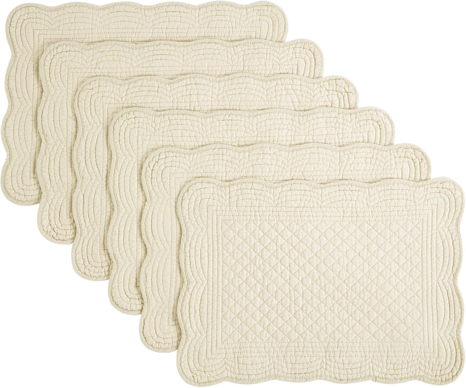 HOMBYS Quilted Placemats Set of 6 Washable-13×18 inches Rectangular Placemats for Kitchen Table-100% Cotton Fabric Rectangular Table Mats, (Flax)