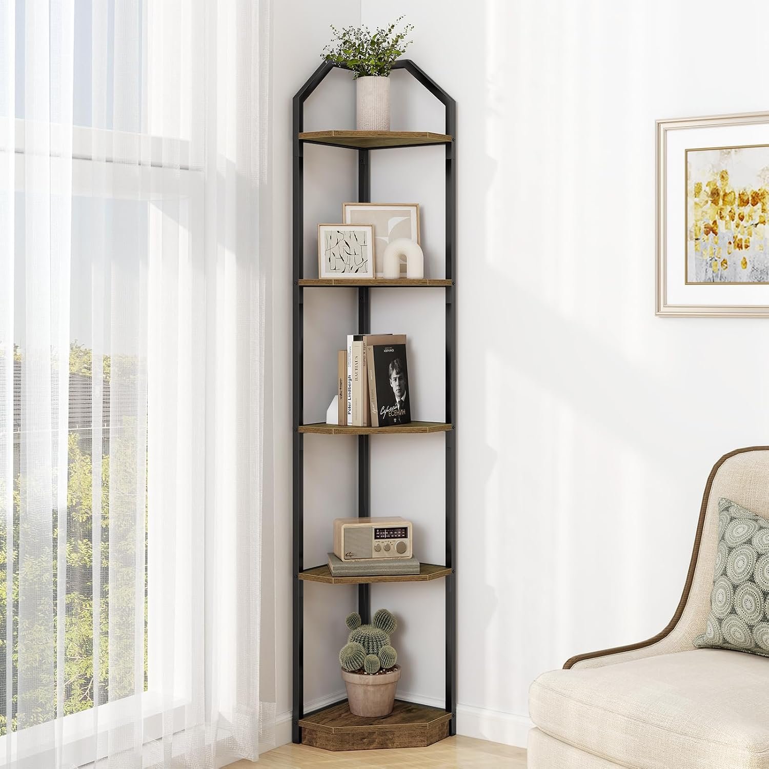 Dreamland 5-Tier 70in Metal Corner Shelf Pack of 1, Rustic Brown | Metal Frame, Wood Display Shelf, Standing Book Shelf, Storage Organizer, Living Room, Bedroom
