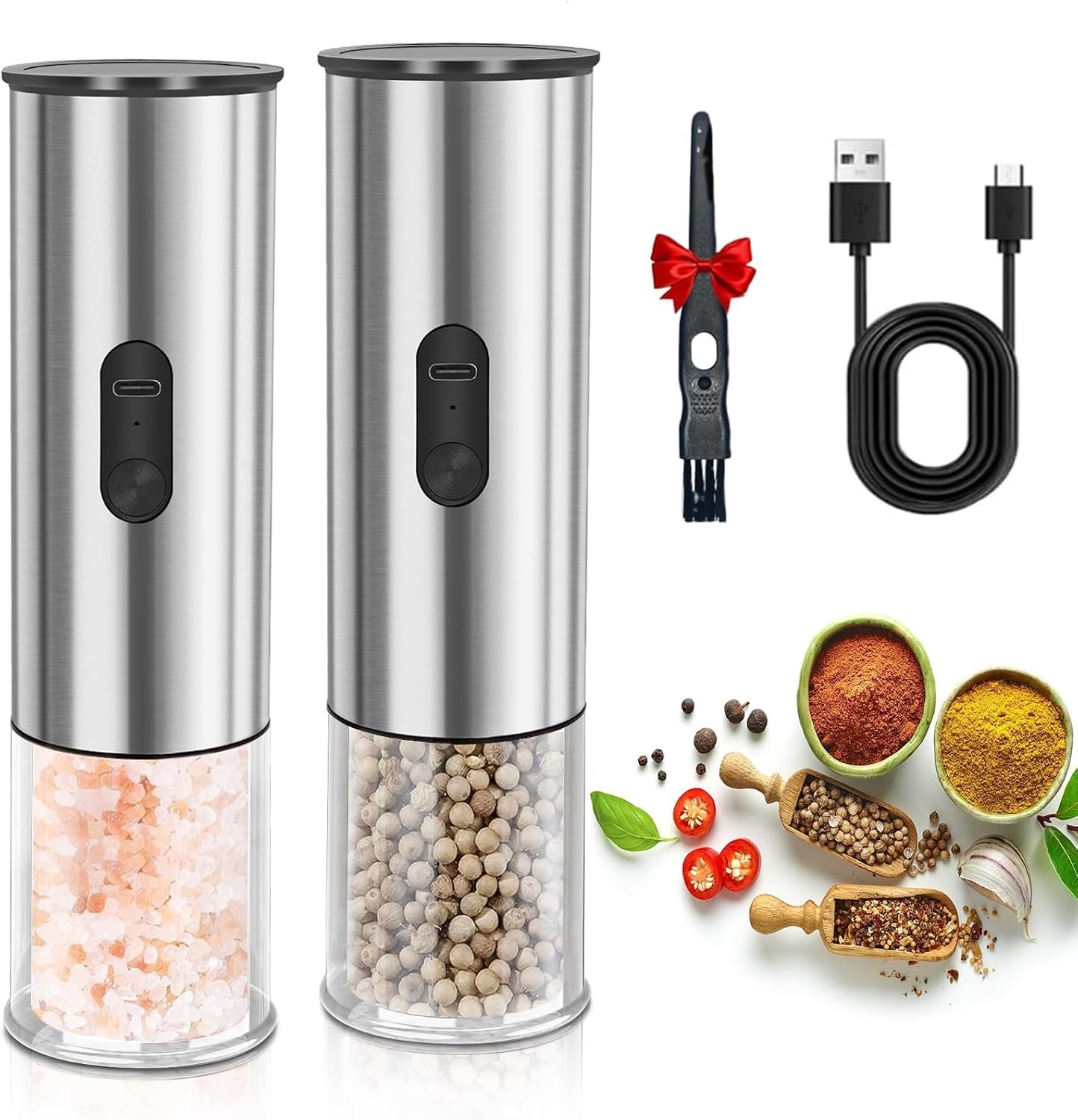 Enutogo Electric Salt and Pepper Grinder Set, Rechargeable Salt and Pepper Shakers Refillable, Automatic Pepper Mill with Adjustable Coarseness, One Hand Operation with LED light, Stainless Steel