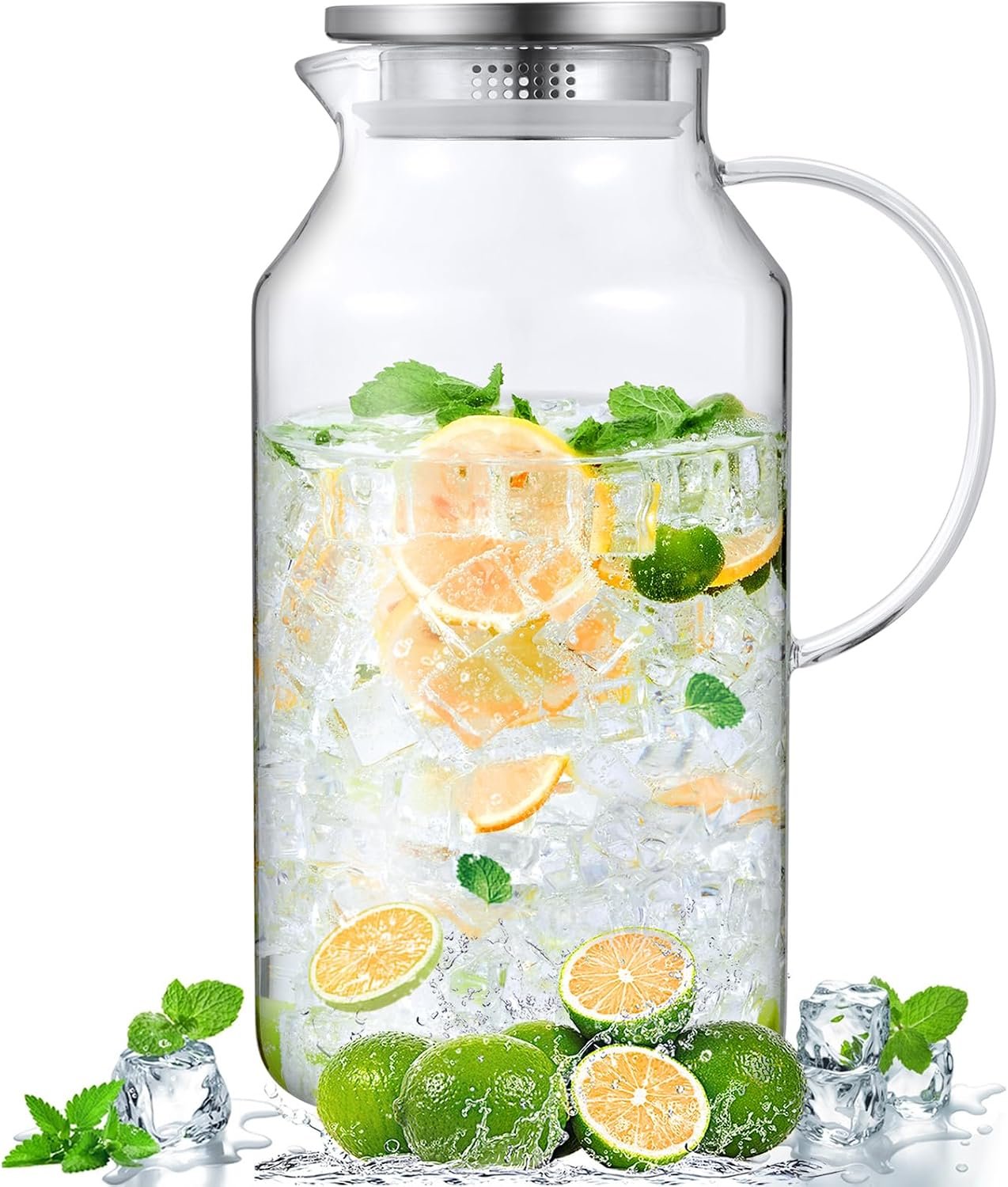 1 Gallon Glass Pitcher with Lid and Handle, Water Pitcher for Fridge, Glass Carafe for Hot/Cold Water, Large Iced Tea Jug for Coffee, Juice and Homemade Beverage