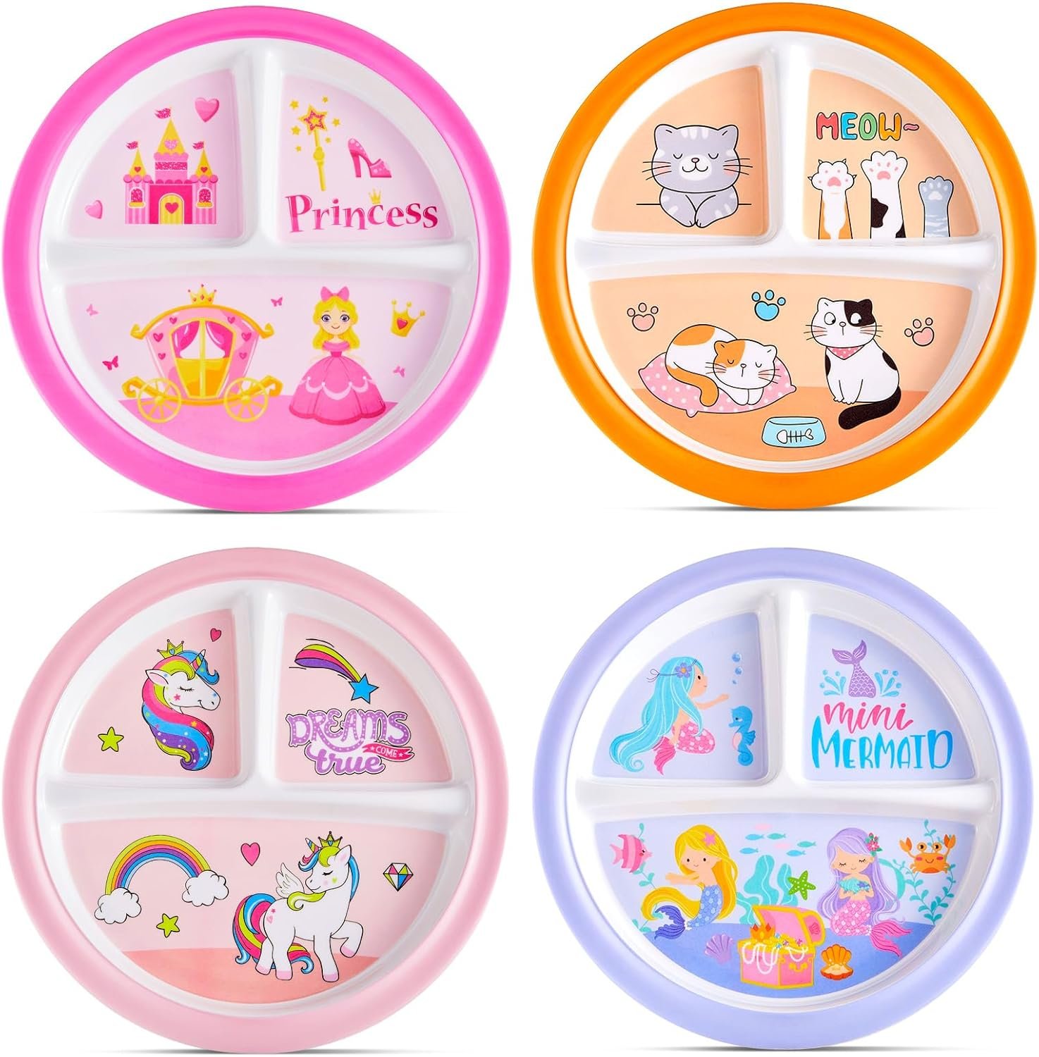 Hushee 4 Pcs 8.5 Inch Toddler Dinner Plates Set for Kids Girls, Cute Divided Dinnerware Set, Melamine Plastic Dishes Plates for School Party Cat Princess Mermaid Unicorn Rainbow Sea Life