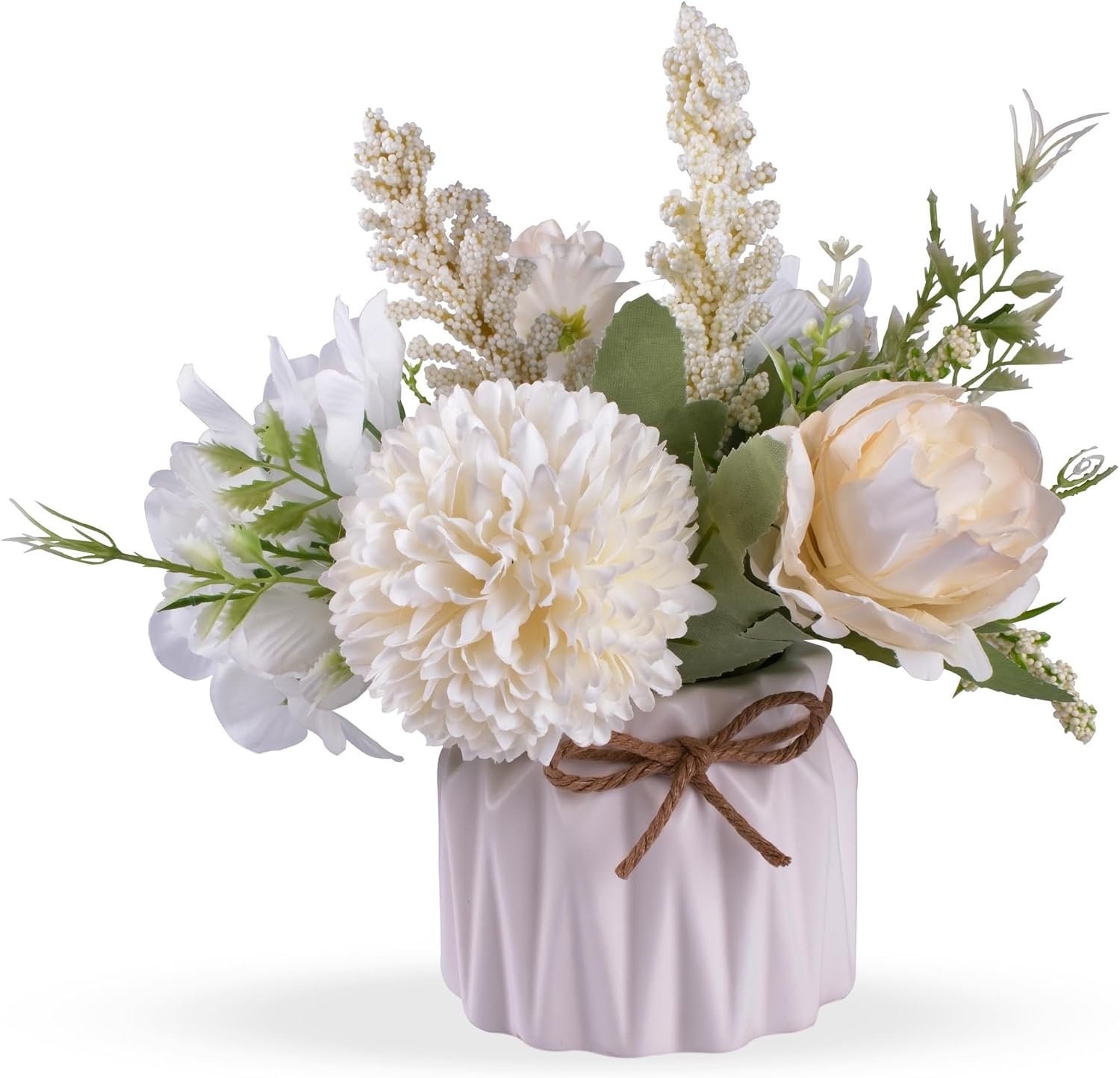 Artificial Potted Flower Pink Desktop Decoration Indoor for Home and Office | Small Ceramic Vase Fake Flower Plants, Faux Flowers Hydrangea Decora for Table,Bookshelf,Bedroom,Living Room,Party.(White)