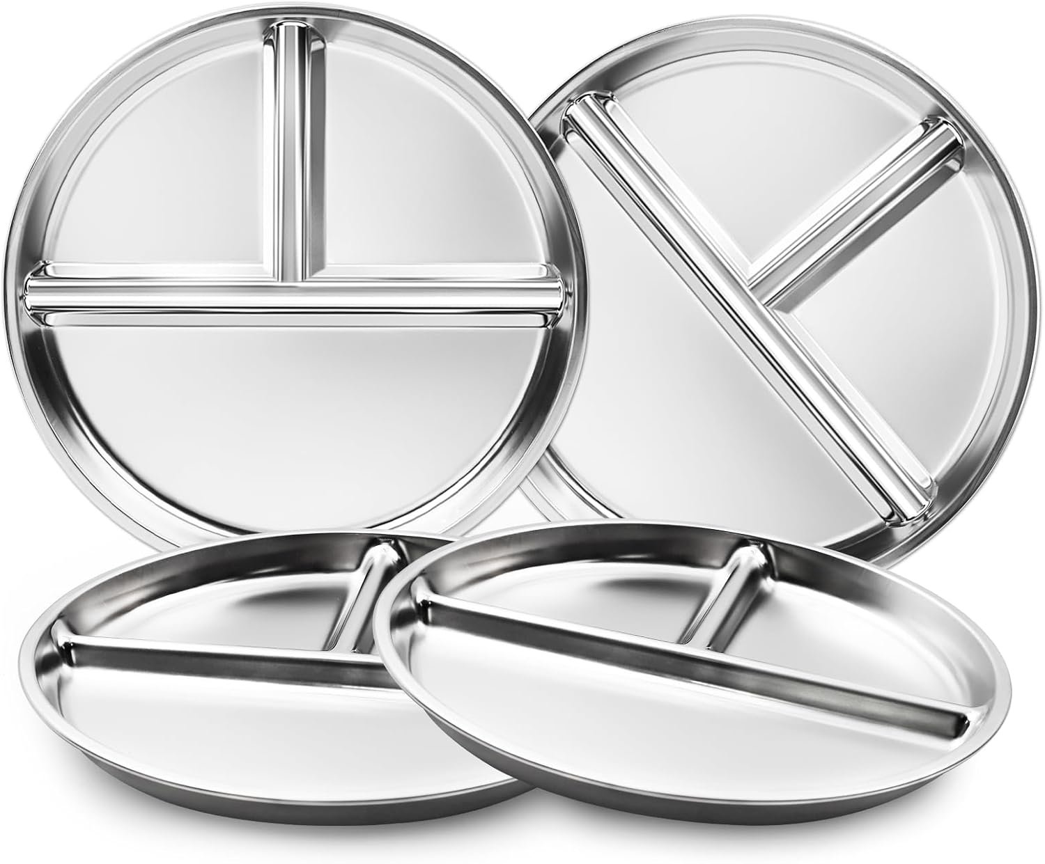 Bakpoco Stainless Steel Kids Plates Set of 4, 9″ Portion Control Plates Divided Plate for Adults Toddlers Balance Lunch, Bariatric & Diabetic Diet, Non Toxic Camping Metal Snack Plate for Eating