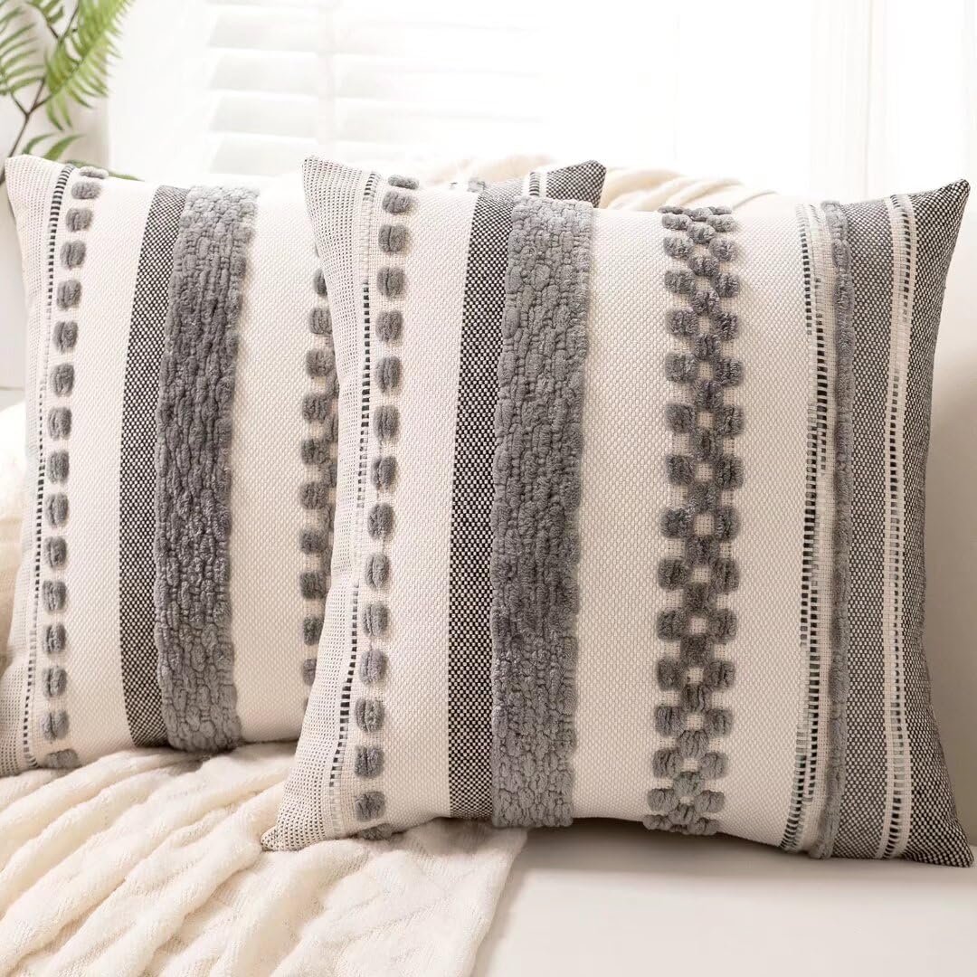 Boho Throw Pillow Covers Decorative Neutral Farmhouse Pillow case | 18×18 Set of 2 Cushion Case Striped Square Pillows Cover Couch Pillow Cases Accent Pillowcase for Sofa Bed,Gray