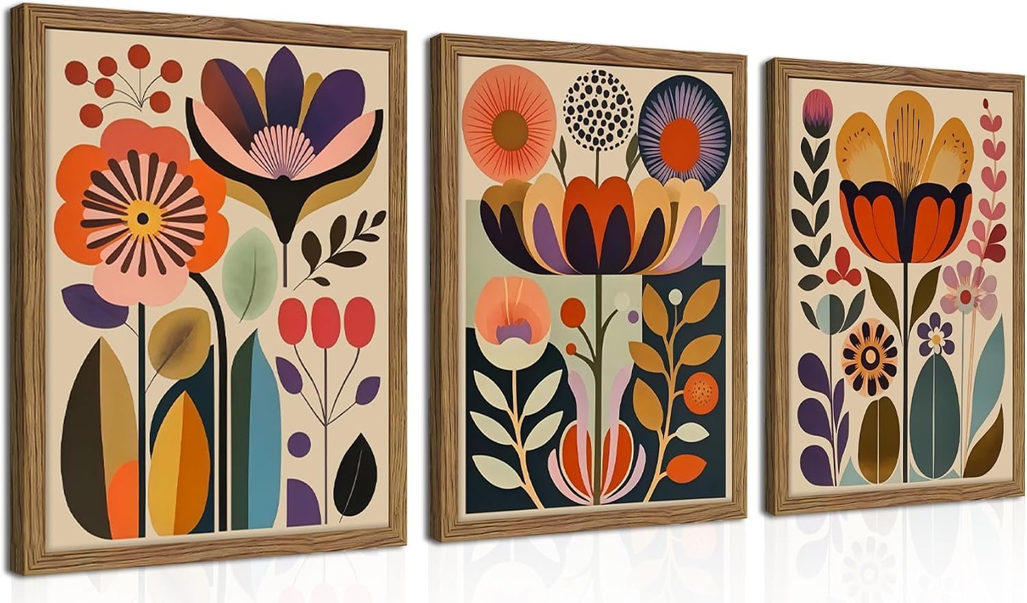 Framed Colorful Floral Wall Art Set of 3, Abstract Scandinavian Flower Canvas Wall Decor Paintings, Mid Century Modern Botanical Artwork Pictures Prints for Living Room Bedroom Dining Room 12×16 Inch