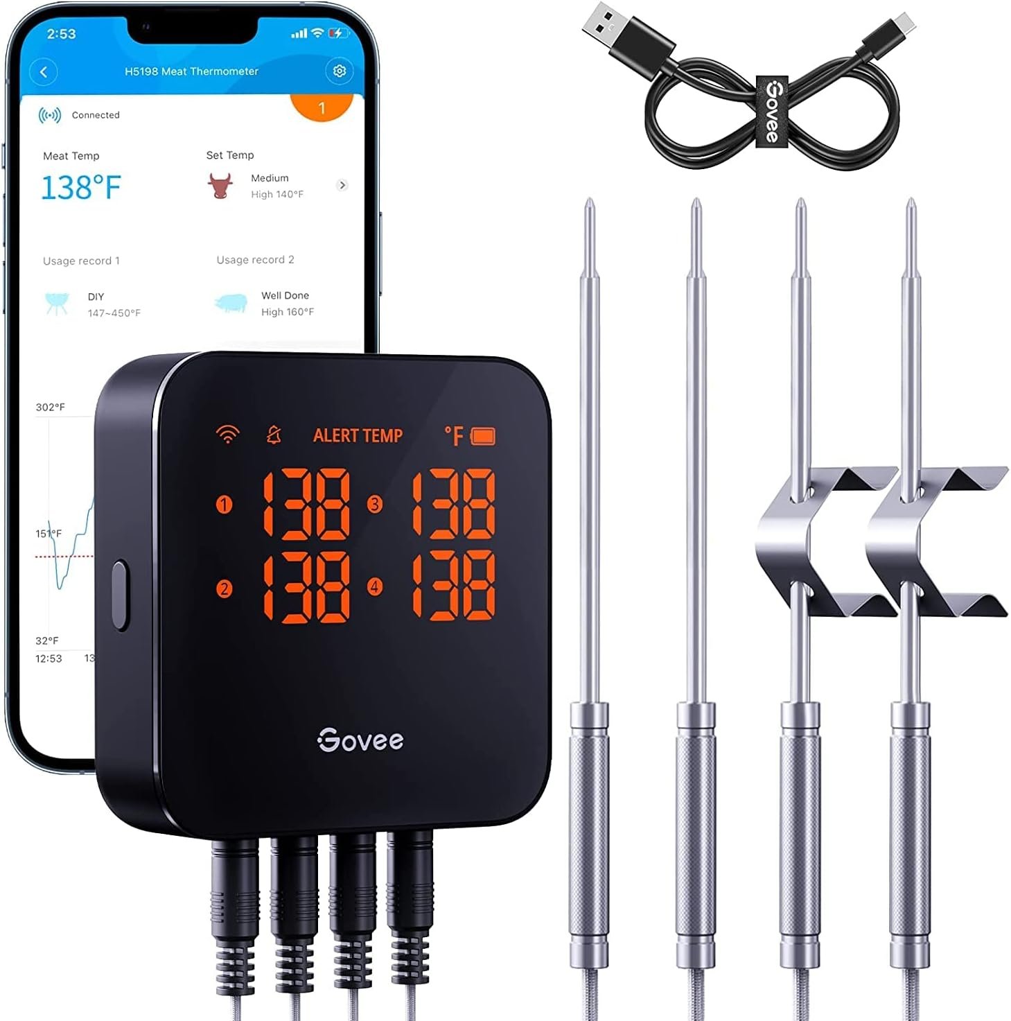 Govee WiFi Meat Thermometer Digital with 4 Probe, App Notification Alert | 2.4Ghz WiFi Unlimited Range, Smart Wireless Rechargeable Bluetooth Meat Thermometer for Smoker, BBQ, Grill, Oven, Kitchen
