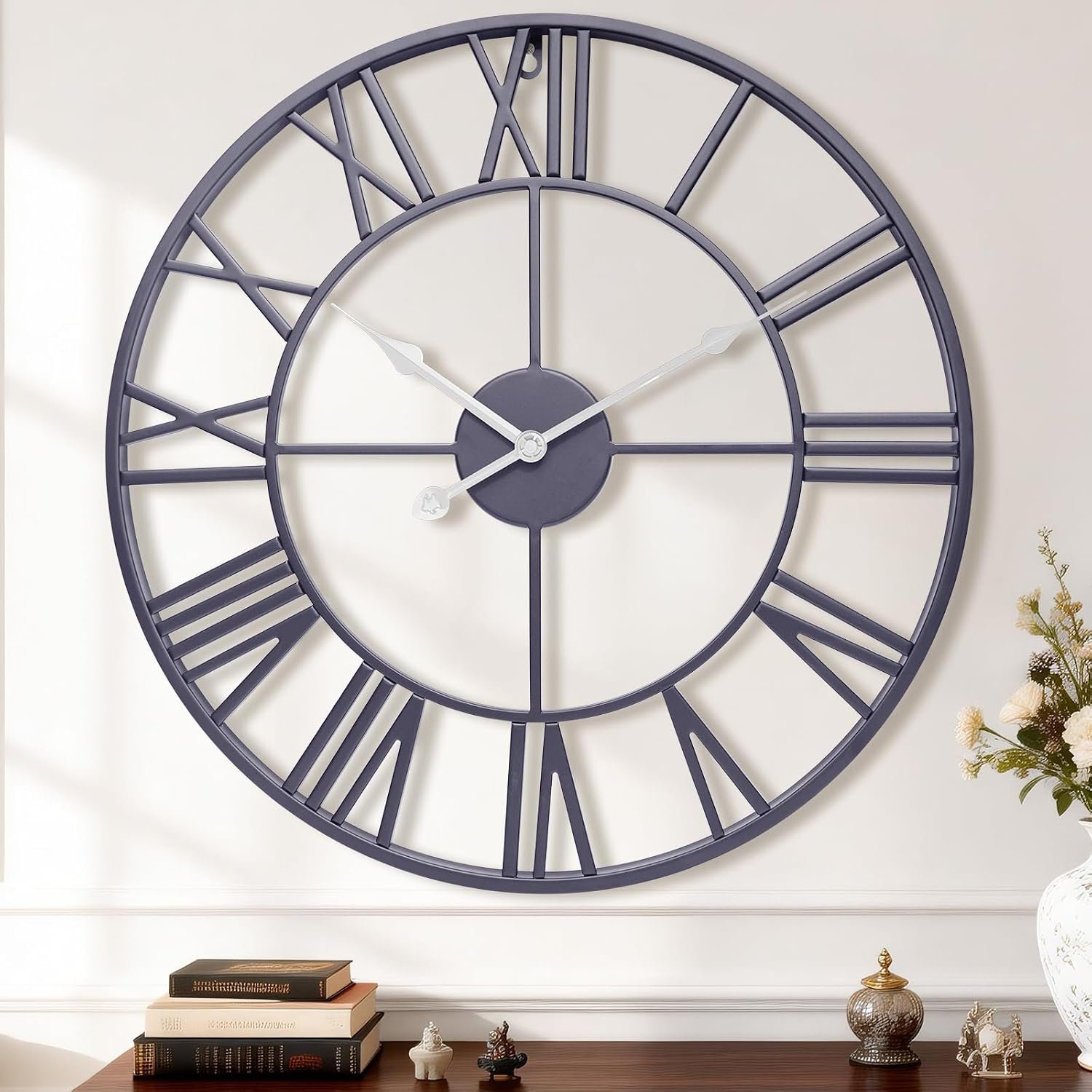 20 Inch Large Wall Clock, Modern Decorative Slate Gray Metal Silent Battery Operated Big Roman Numeral Wall Clock for Living Room,Bedroom,Kitchen,Office, Farmhouse,Housewarming Gift