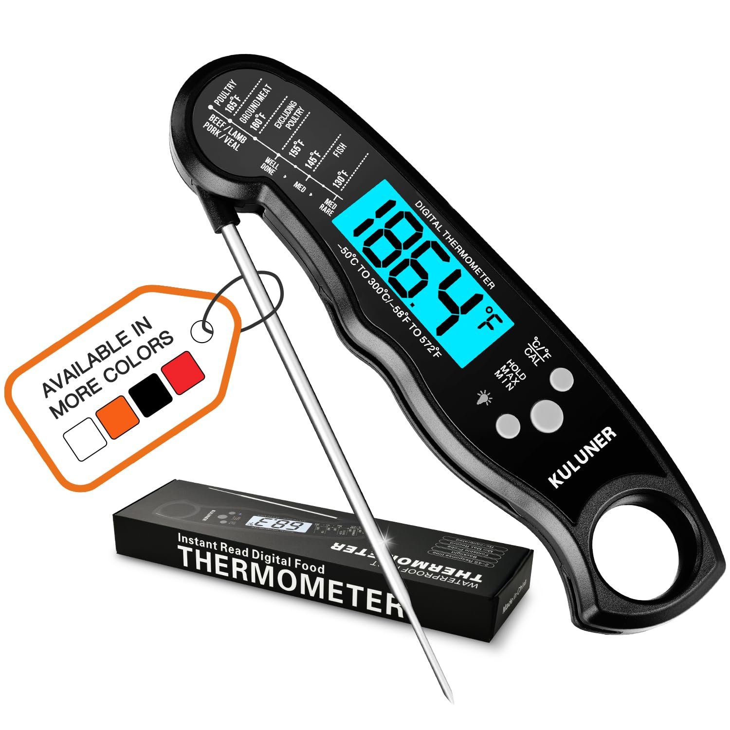 Digital Meat Thermometer Instant Read, Waterproof Probe with Backlight & Calibration, Ultra Fast 2-3s Reading, Stainless Steel Kitchen Food Thermometer for Grilling BBQ Cooking Candy – Black