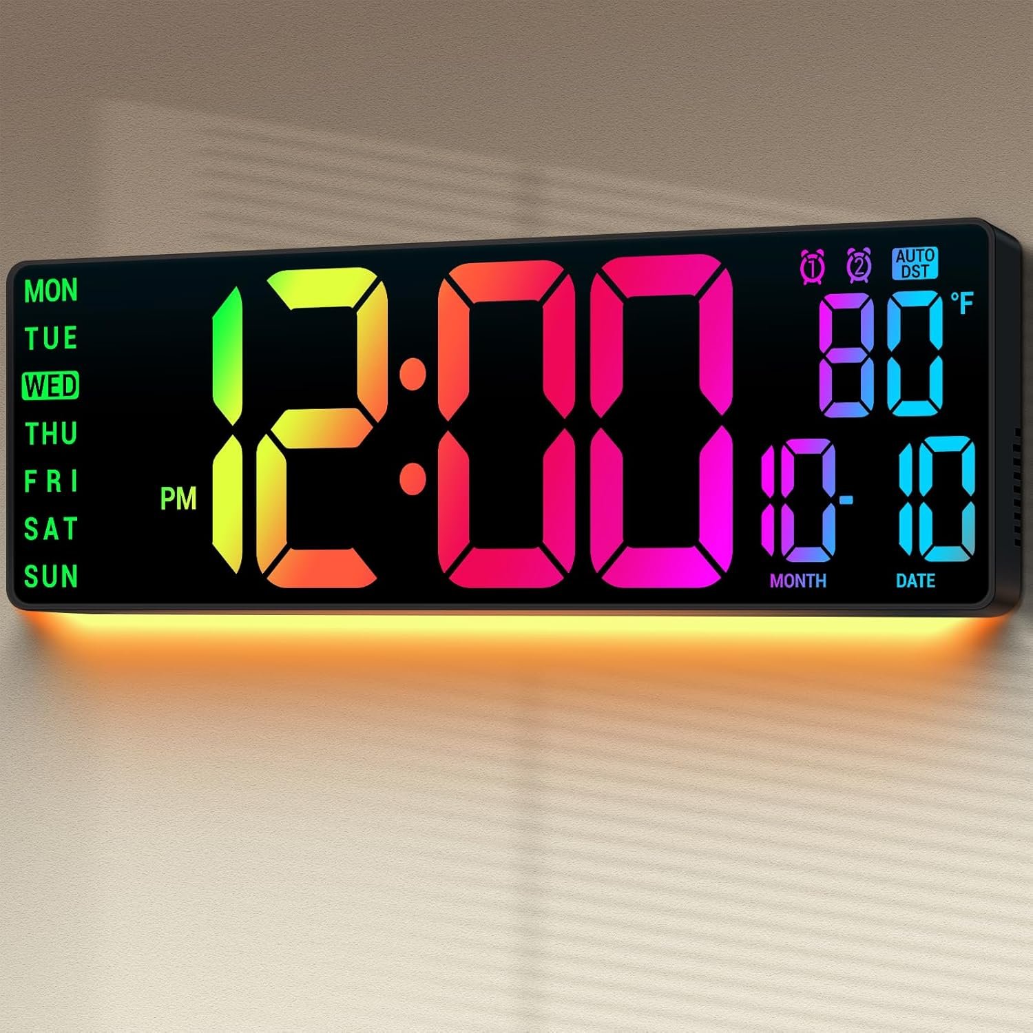 16.5″ Large Digital Wall Clock RGB LED Display for Classroom with Remote | 11 RGB Color Options, Auto DST, Temp & Date Display, Large Easy-Read Numbers, Classroom, Office, Gym & Home, Senior Friendly