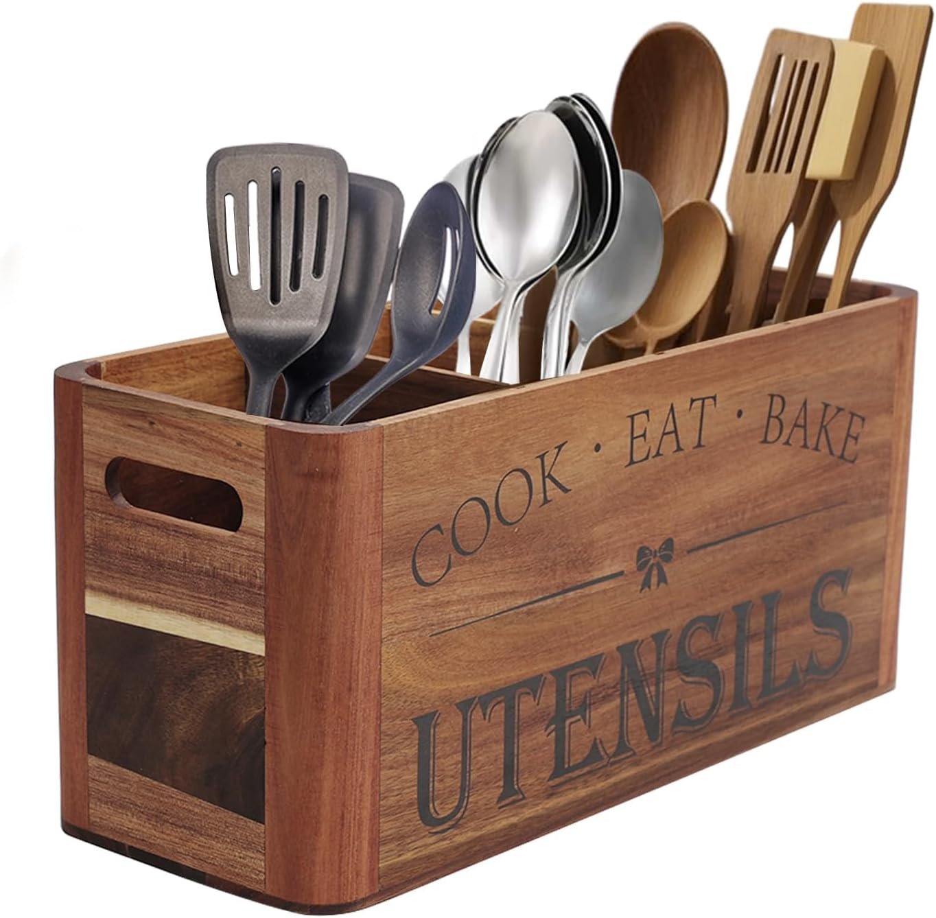 Utensil Holder for Kitchen Countertop – Extra Large 4 Compartment Wooden Organizer in Acacia Wood, Storage for Cooking Tools and Cutlery, Farmhouse Style for Home Cooking